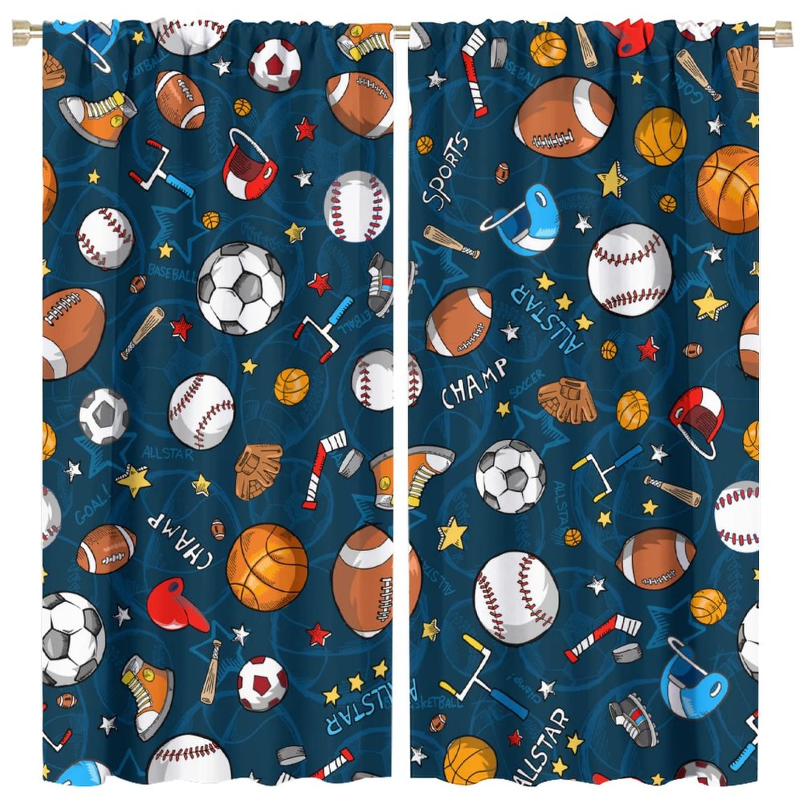 JESTRONRY Sports Curtains,Football Rugby Baseball Game Sports Theme Room Darkening Door Window Rod Pocket Curtain for Kids Boys Girls Teens Bedroom Decor W63xL63in