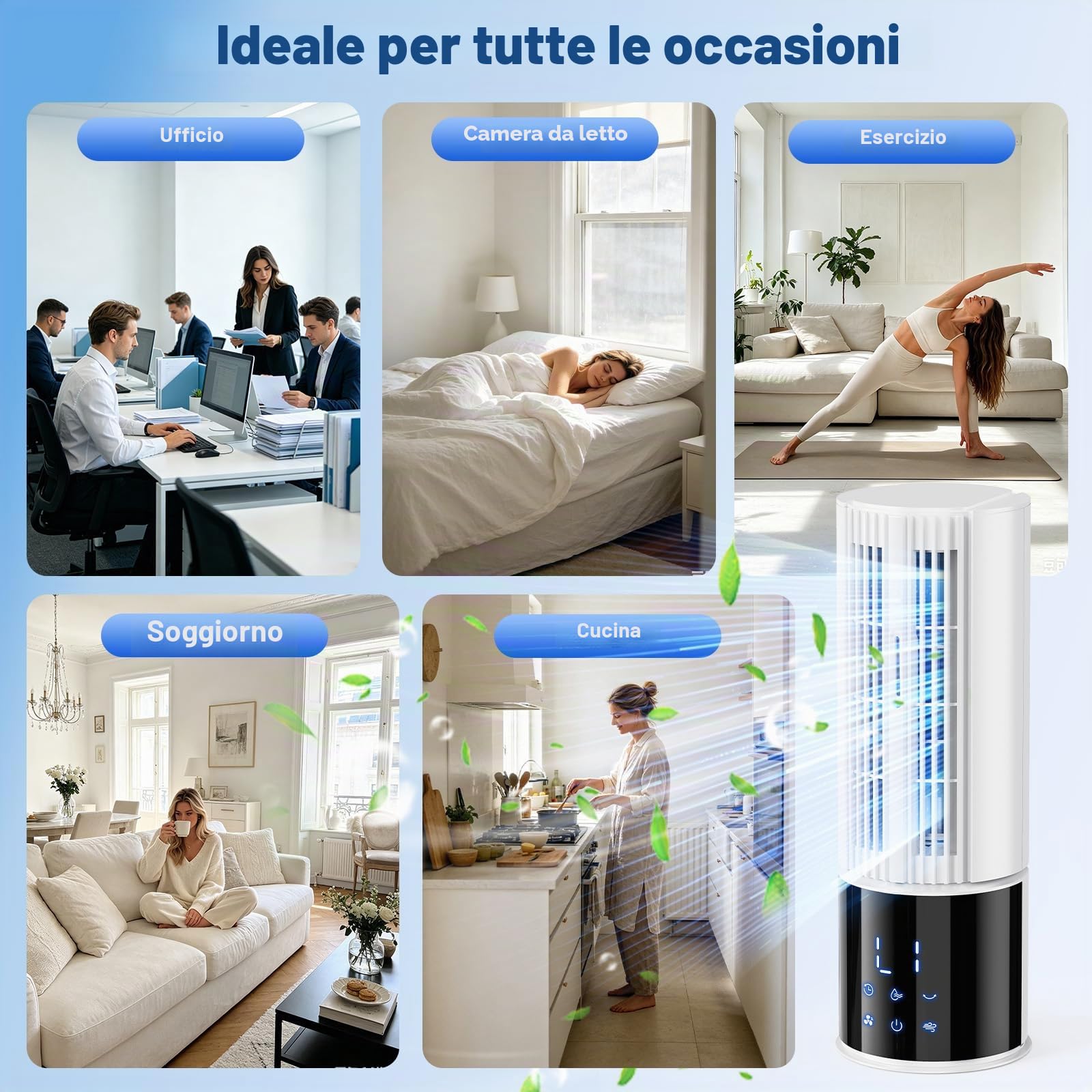 Climatizzatore portatile 6in1, umidificatore con 3 velocità, modalità Turbo, aria notturna, funzione nebbia e timer (1-8 ore), oscillazione 45°/90°, perfetto per casa e ufficio (Avorio)