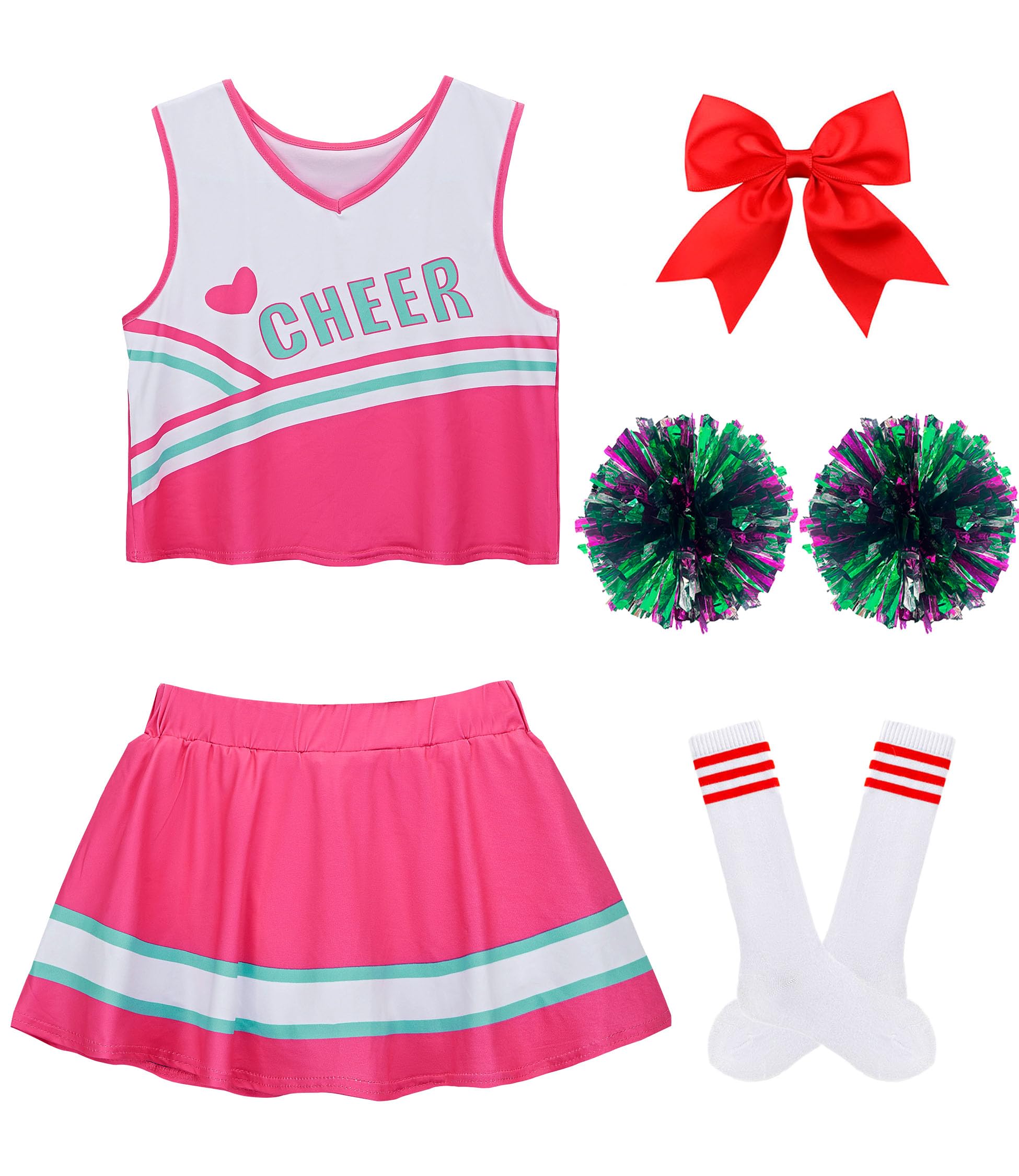 HANERREAL Cheerleader Costume for Girls, Cheer Uniform Dress Up Outfit with Accessories