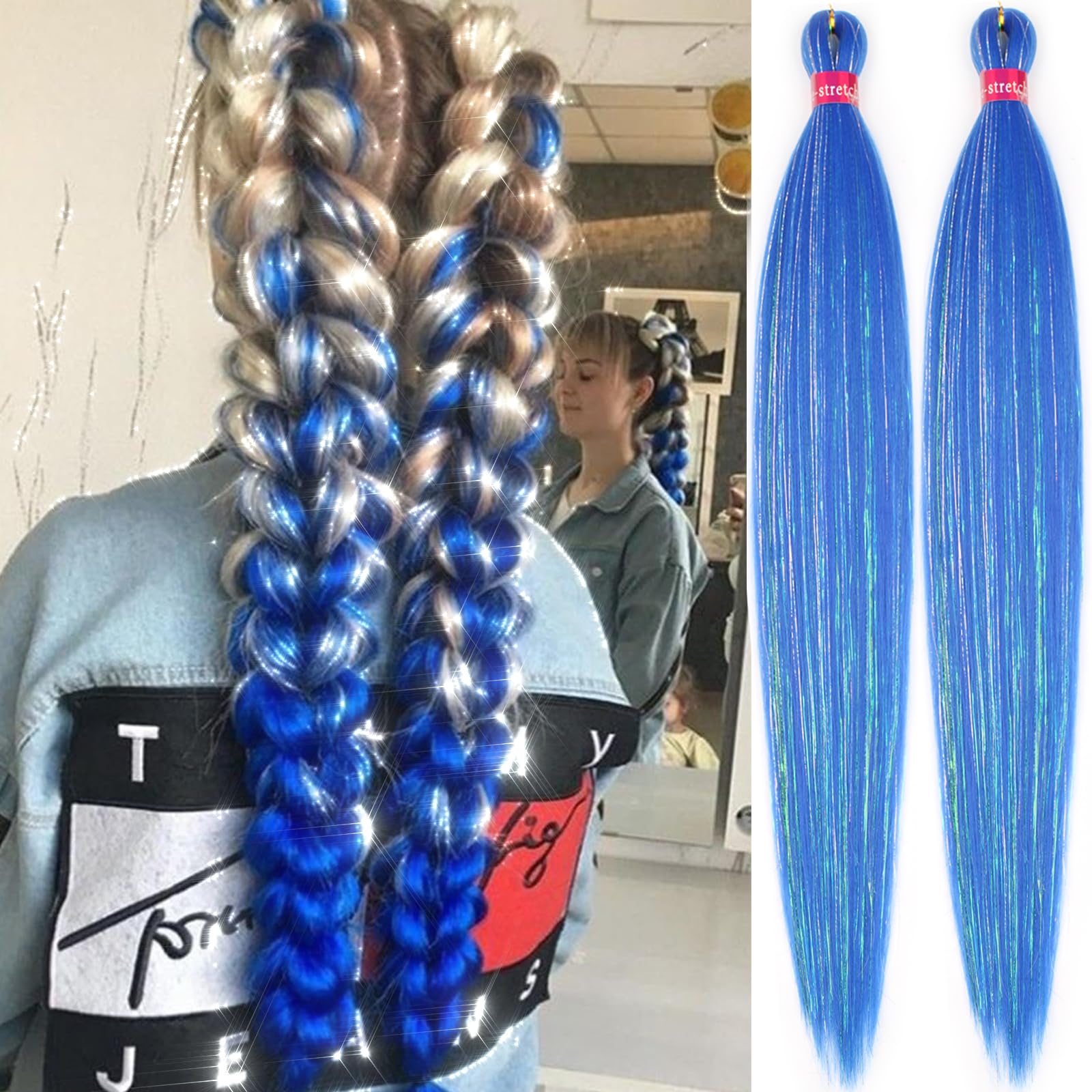 Blue Pre Stretched Braiding Hair with Tinsel 30 Inch Box Braids 2 Packs Synthetic Crochet Braid Neat Yaki Texture Hot Water Setting Hair Extensions