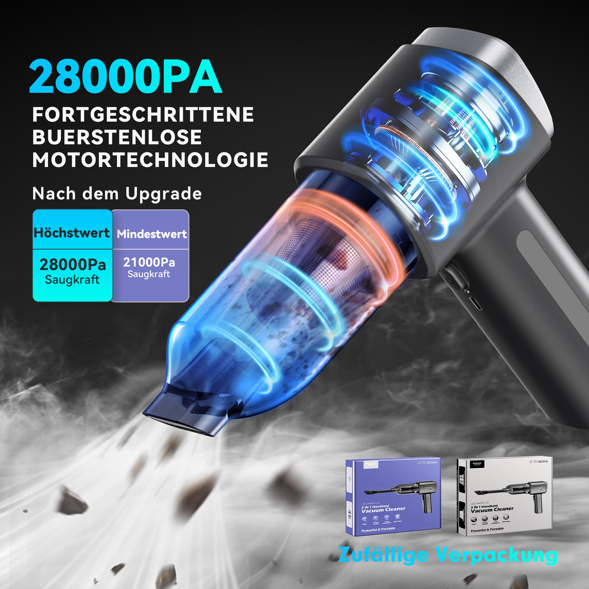 Handstaubsauger Handstaubsauger Akku Autostaubsauger Stark 28000Pa 4-in-1 für Auto Tierhaare Innenraum Haushalt (Schwarz)