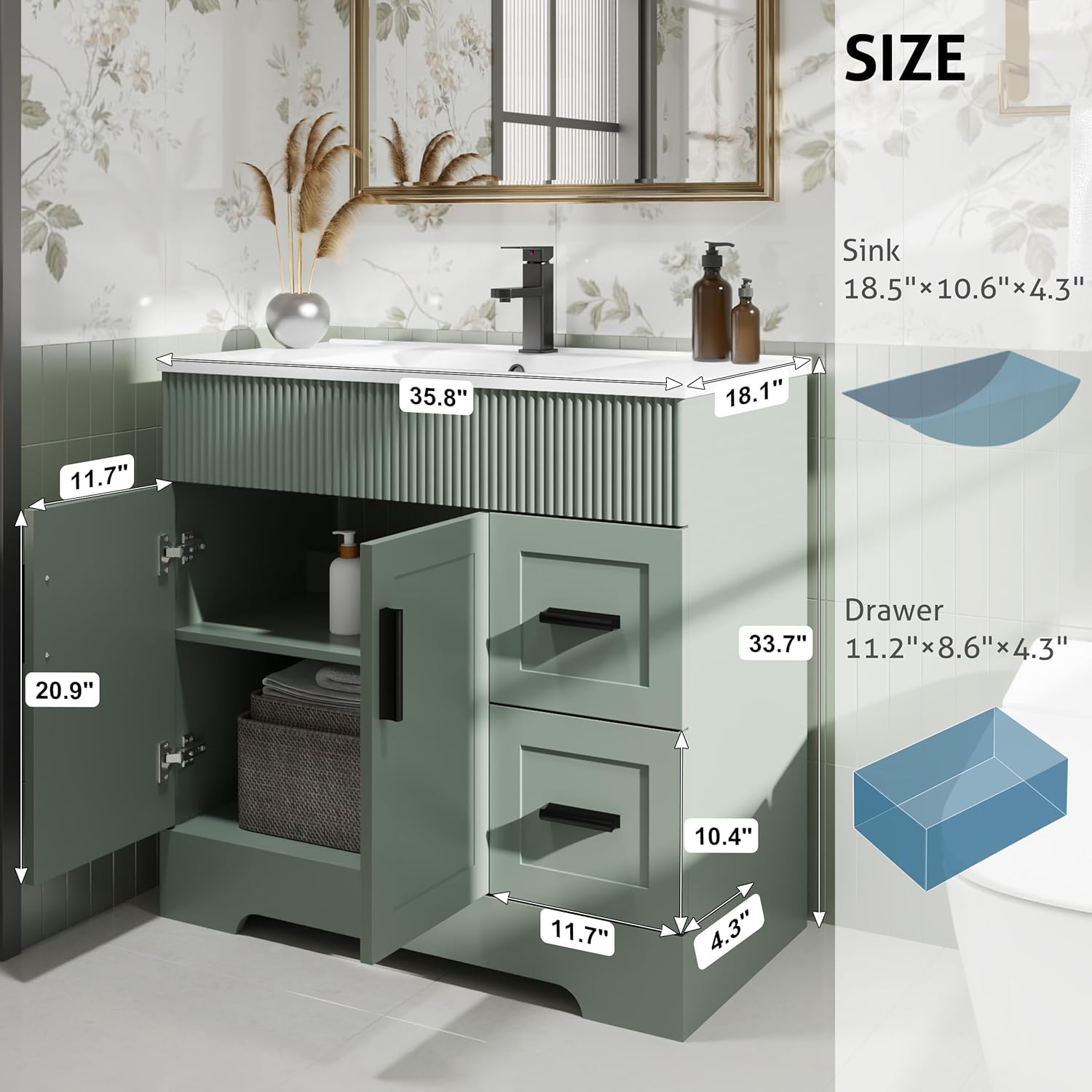 Dimensions diagram for eclife 36-inch vanity