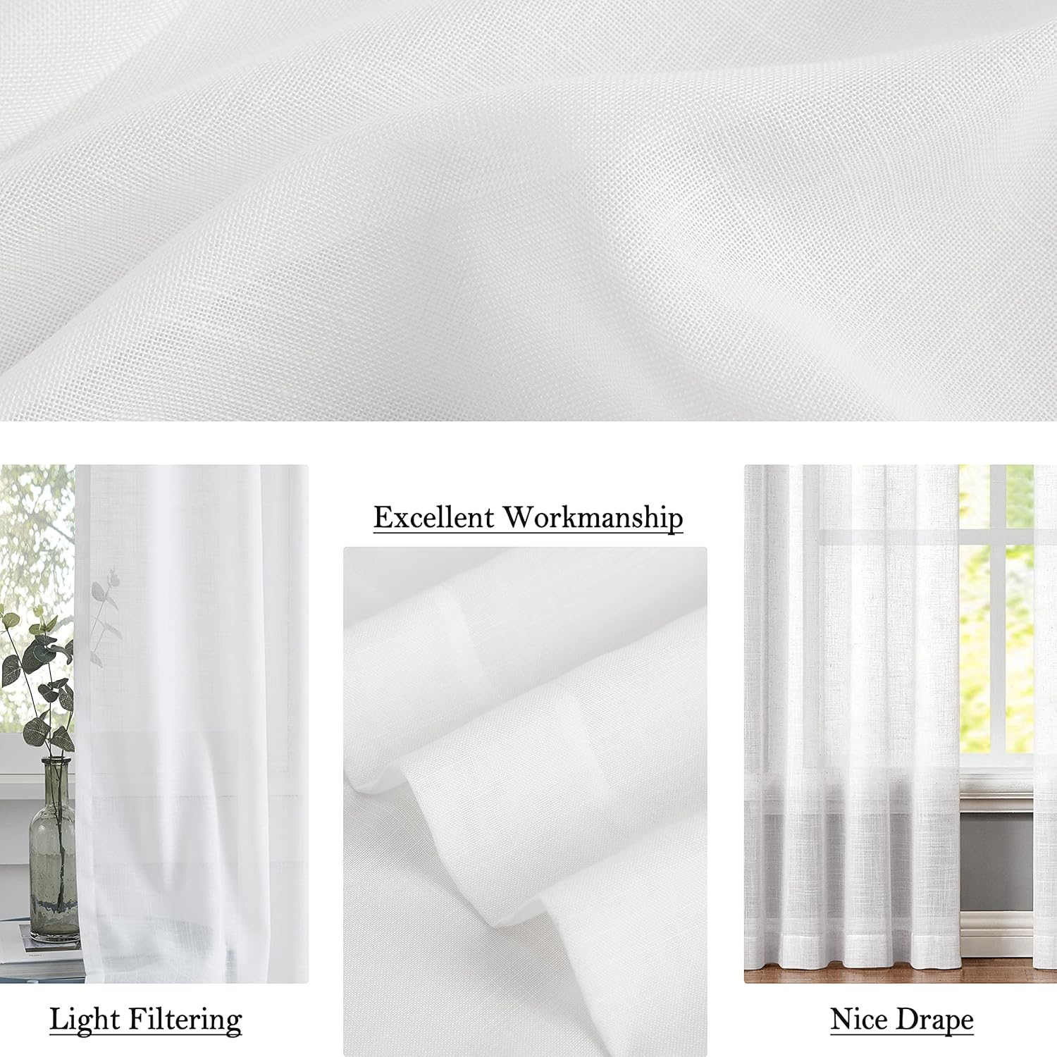 Central Park White Pinch Pleat Sheer Curtain 108 Inches Extra Long Textured Farmhouse Window Treatment Drapery Sets for Living Room Bedroom, 40"x108"x2