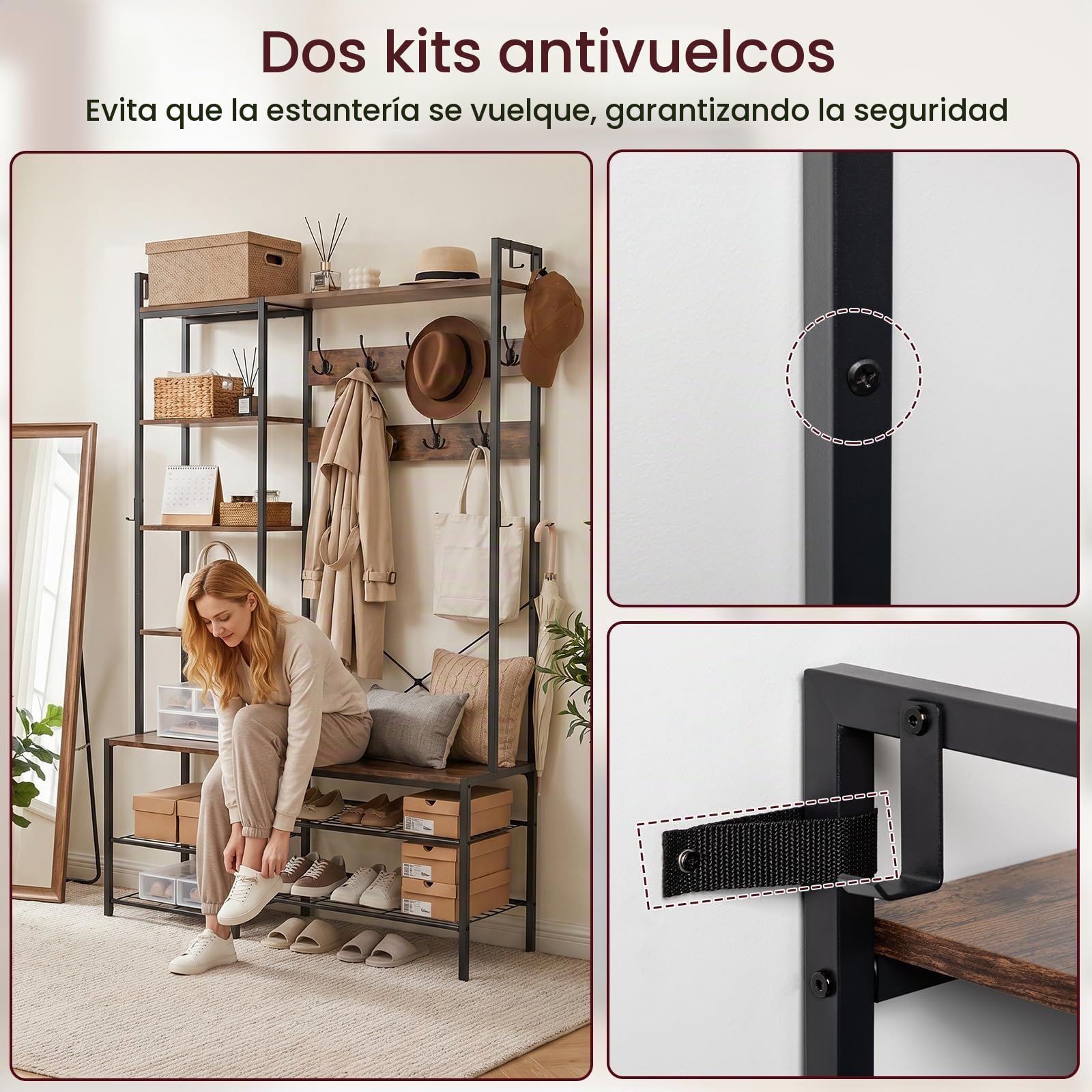 EGGREE Perchero Recibidor con Banco Zapatero,Mueble de Entrada 6 en 1 con Zapatero,5 Estantes de Almacenaje,9 Ganchos Triples,8 Ganchos Laterales,120 x 40 x 190 cm,Marrón Vintage y Negro
