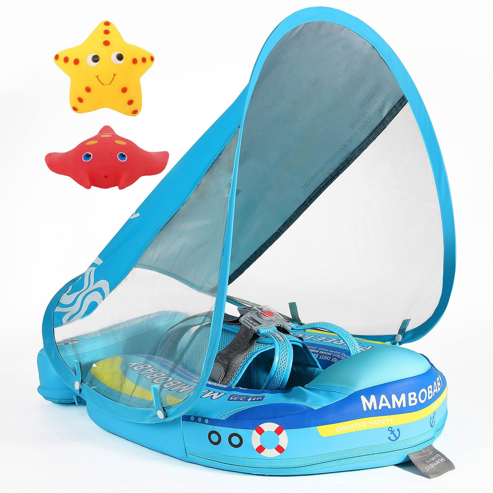Mambobaby Float with Canopy Size Improved Non Inflatable Infant Pool Float Smart Mambo Float Swim Trainer Add Tail Baby Swim Float Mambo Baby Float Solid Air Free Water Waist Swimming Ring