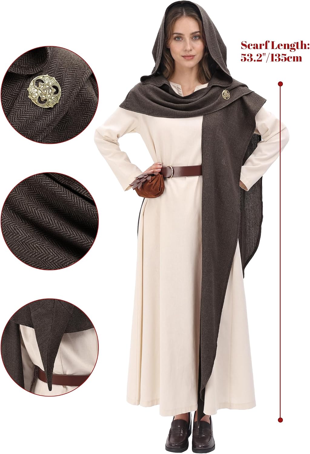 Medieval Renaissance Hooded Shawl Scarf Apocalyptic Cowl Cape with Brooch