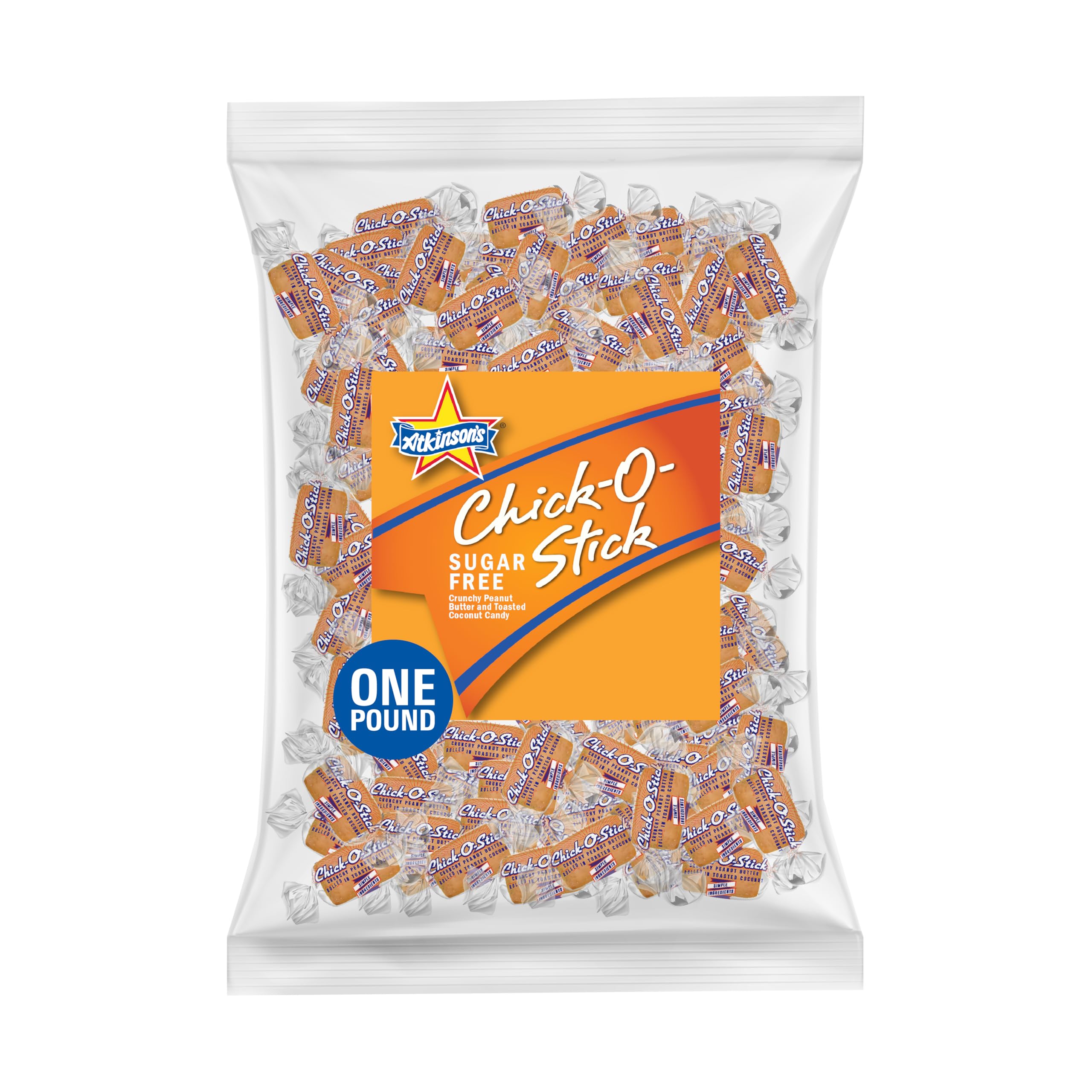 Atkinson's Sugar Free Chick-O-Stick Nuggets - Crunchy Peanut Butter Rolled in Toasted Coconut - Gluten Free, Kosher, Vegan - Bite Size Candy - 1 lb. Bag