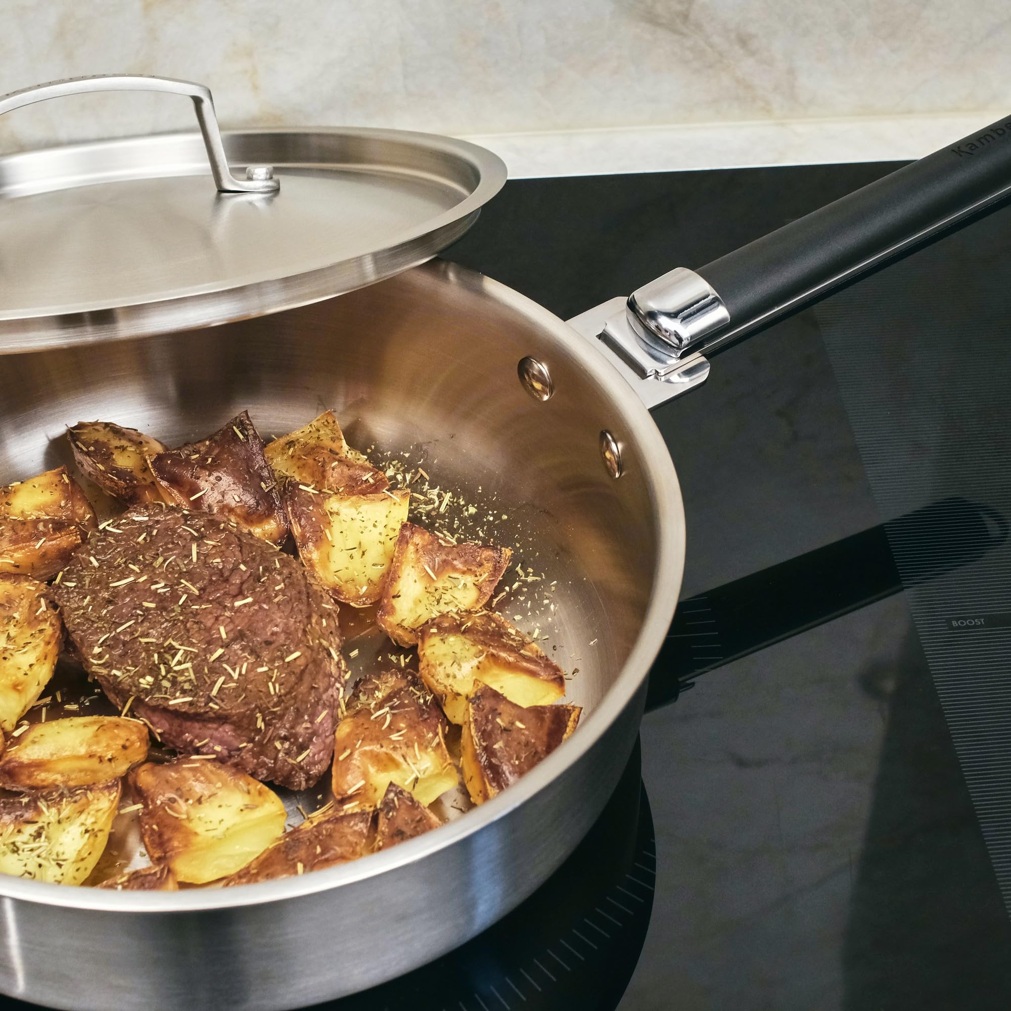 Kamberg - Sauteuse inox 28 cm manche amovible - Acier inoxydable 18/10 Triply - Tous feux dont induction et four, Gris