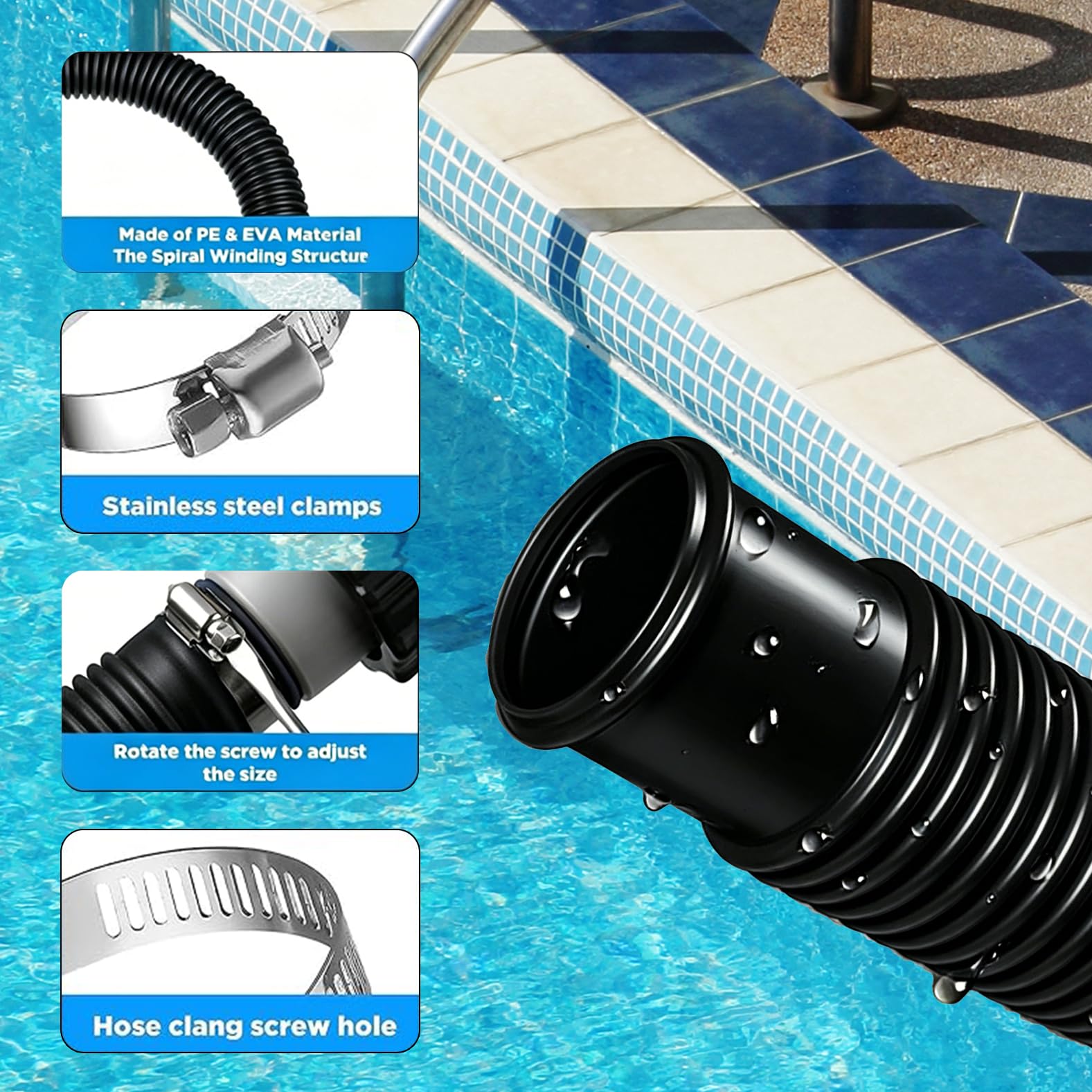 2pcs tuyaux de piscine de 32 mm pour pompes de piscine avec 4 clips de sécurité et 1 raccord de tuyau, idéal pour les pompes de filtre, les nettoyeurs de piscine, les chauffages de piscine noir
