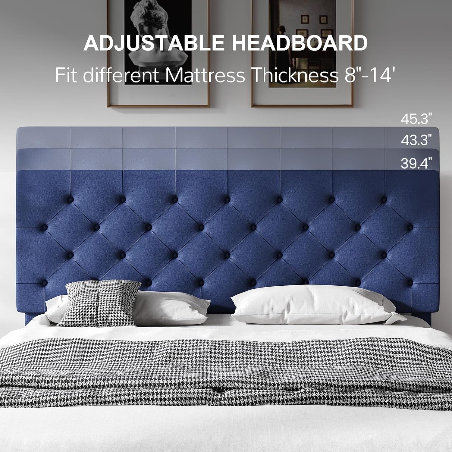 REVOMINCA Queen Bed Frame with Headboard, Faux Leather Upholstered Platform Bed Frame, Blue Bed Frame Queen Size, Wooden Slat Support, No Box Spring Needed, Navy Blue