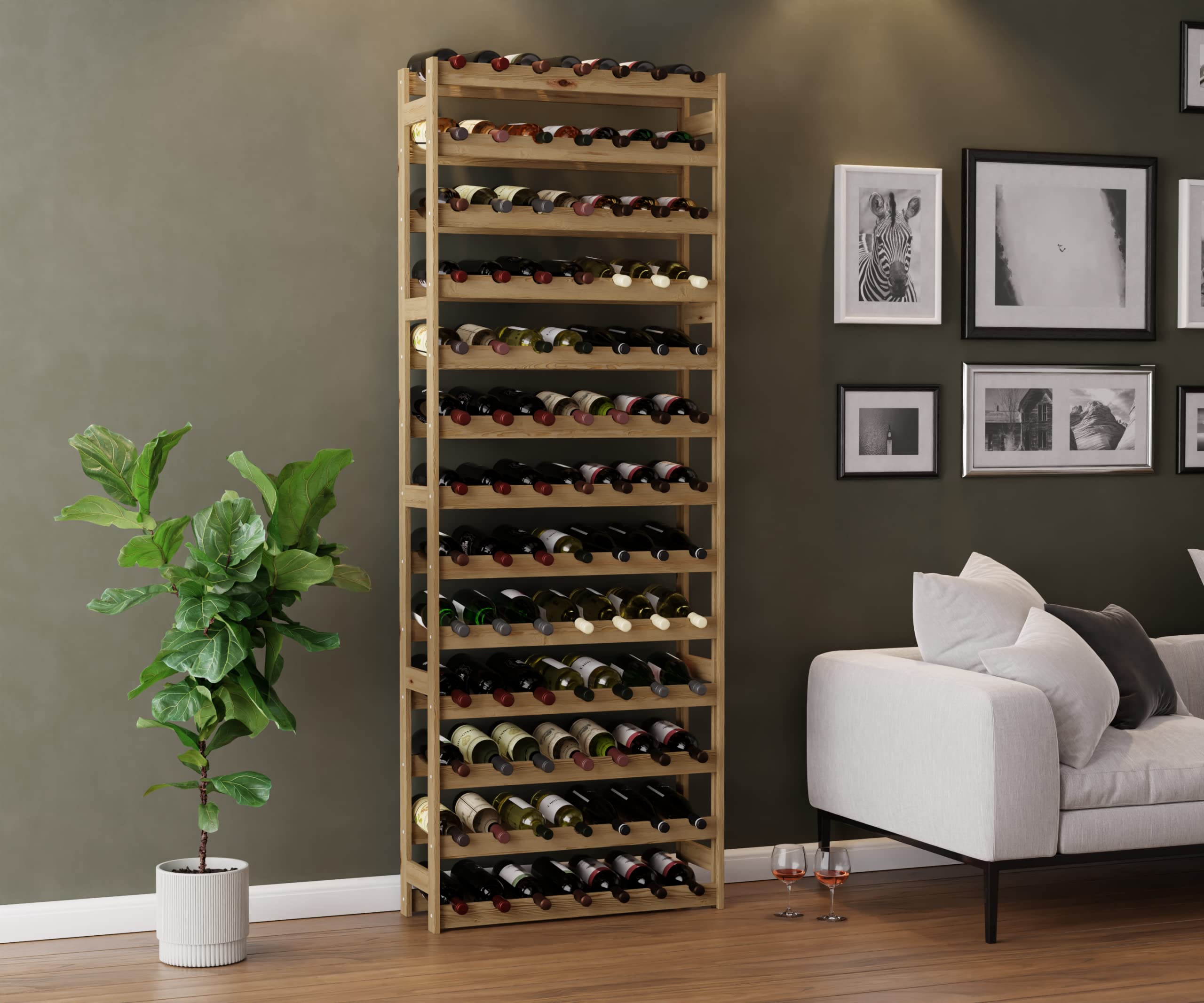 Lenmar Casier à Vin Range Bouteilles Horizontal, Serie RW-1, Étagère à Vin en Bois Naturel, Couchages, pour 12-91 Bouteilles Vin, Casier Cave Etagères Porte-Bouteilles (RW-1-91, 198 x 72,5 x 25)