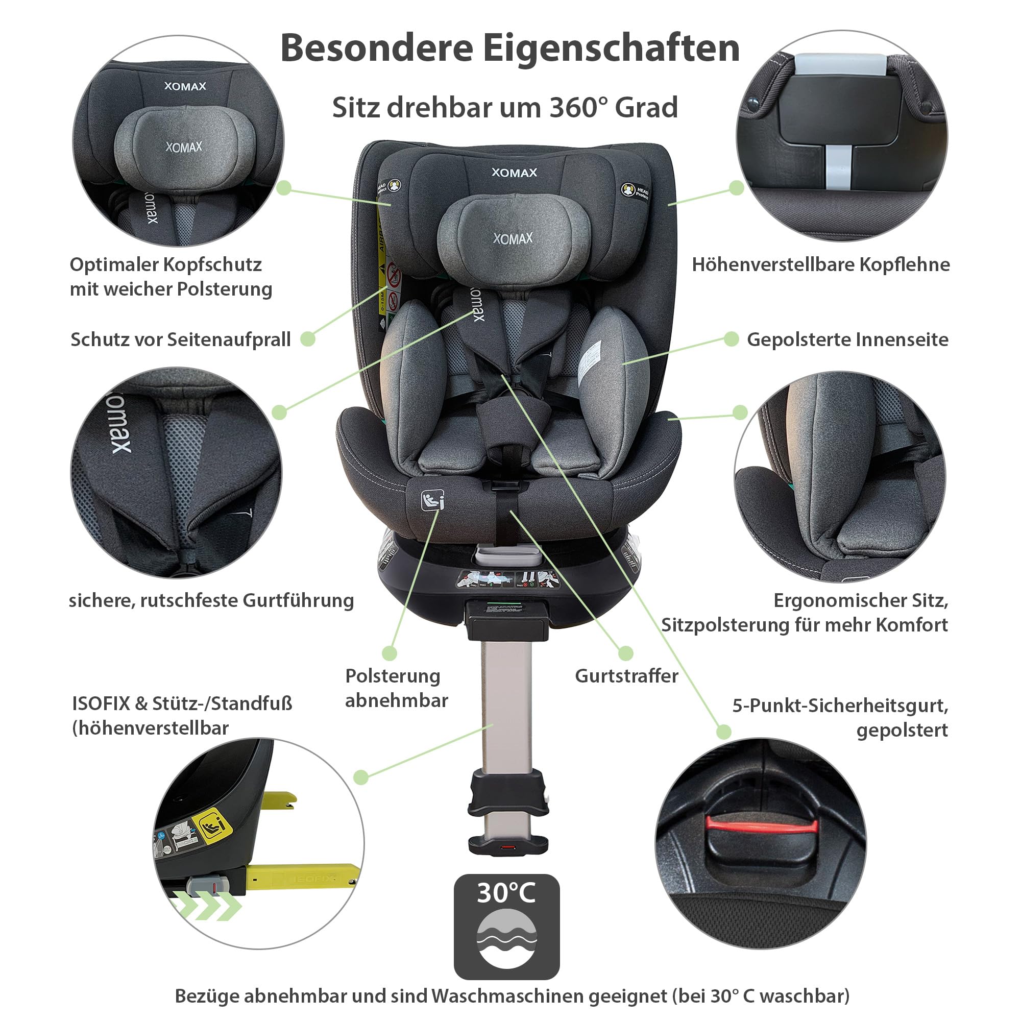 XOMAX G409 Kindersitz drehbar 360°, Standfuß, ISOFIX I mitwachsend I 0-36 kg, 0-12 Jahre, Gruppe 0+/1/2/3, 5-Punkt-Gurt, 3-Punkt-Gurt I Bezug waschbar I ECE R129 (Grau)