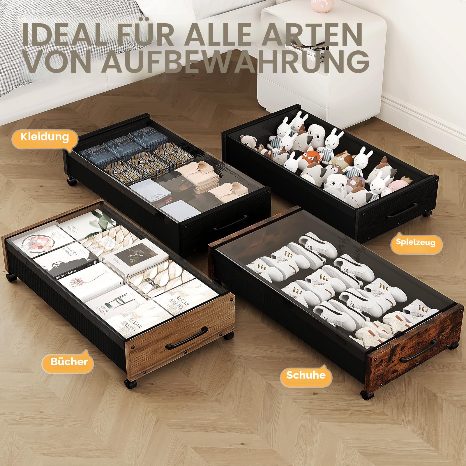 Holz-Bettkasten-Aufbewahrung mit Rädern, 80 L extra große Rollung unter dem Bett, 2er-Set mit abnehmbarem Deckel, verbesserte Metall-Bettkasten-Aufbewahrung für Kleidung (Vintage Braun-2er-Set)
