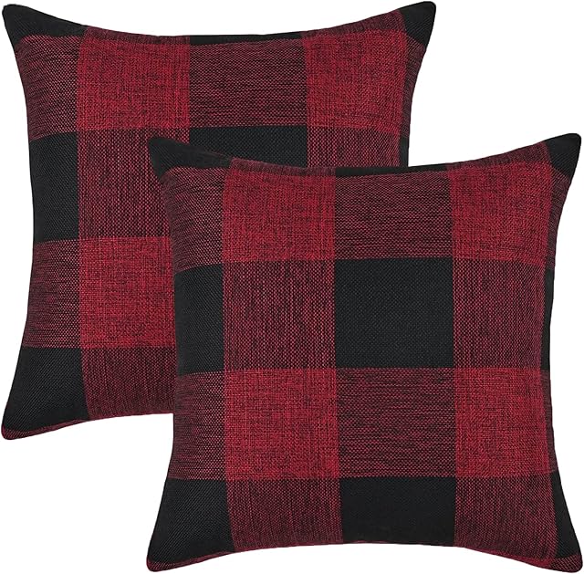 MSQ 2pcs Buffalo Check Cushion Covers 45cm x 45cm set Decorative Square Tartan Throw Pillow Case for Sofa Couch Bed Home Decor Car 18 x18 Inches (Red & Black) (without pillow)