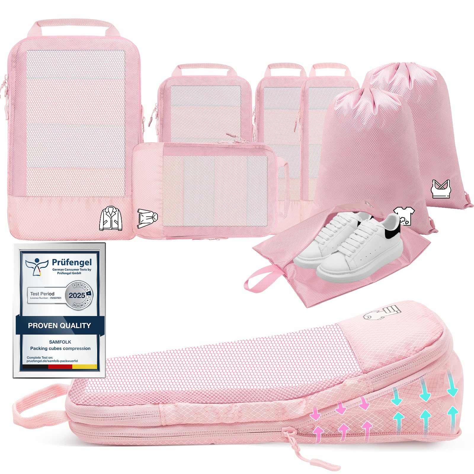 8 Teilige Compression Packing Cubes, Koffer Organizer Kompression PackwüRfel Packtaschen FüR Backpack Rucksack Reisen Organizer Rosa