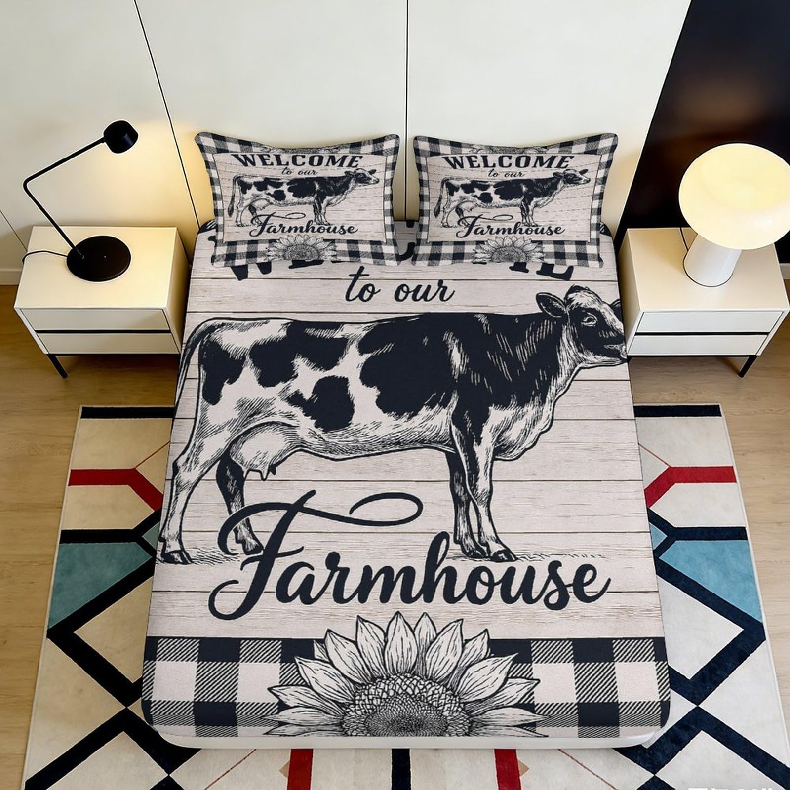 3D Printed Cow Farmhouse Fitted Sheet Microfiber Non Slip Sunflower Mattress Cover for Bedroom Dorm Decor 120x200cm 160x200x25cm