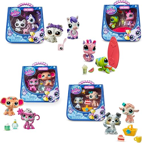 Littlest Pet Shop - Paquete de 4 pares de mascotas - Serie 4 - Figura de juguete auténtica de cabeza Bobble LPS de 7 generación, animal de juguete