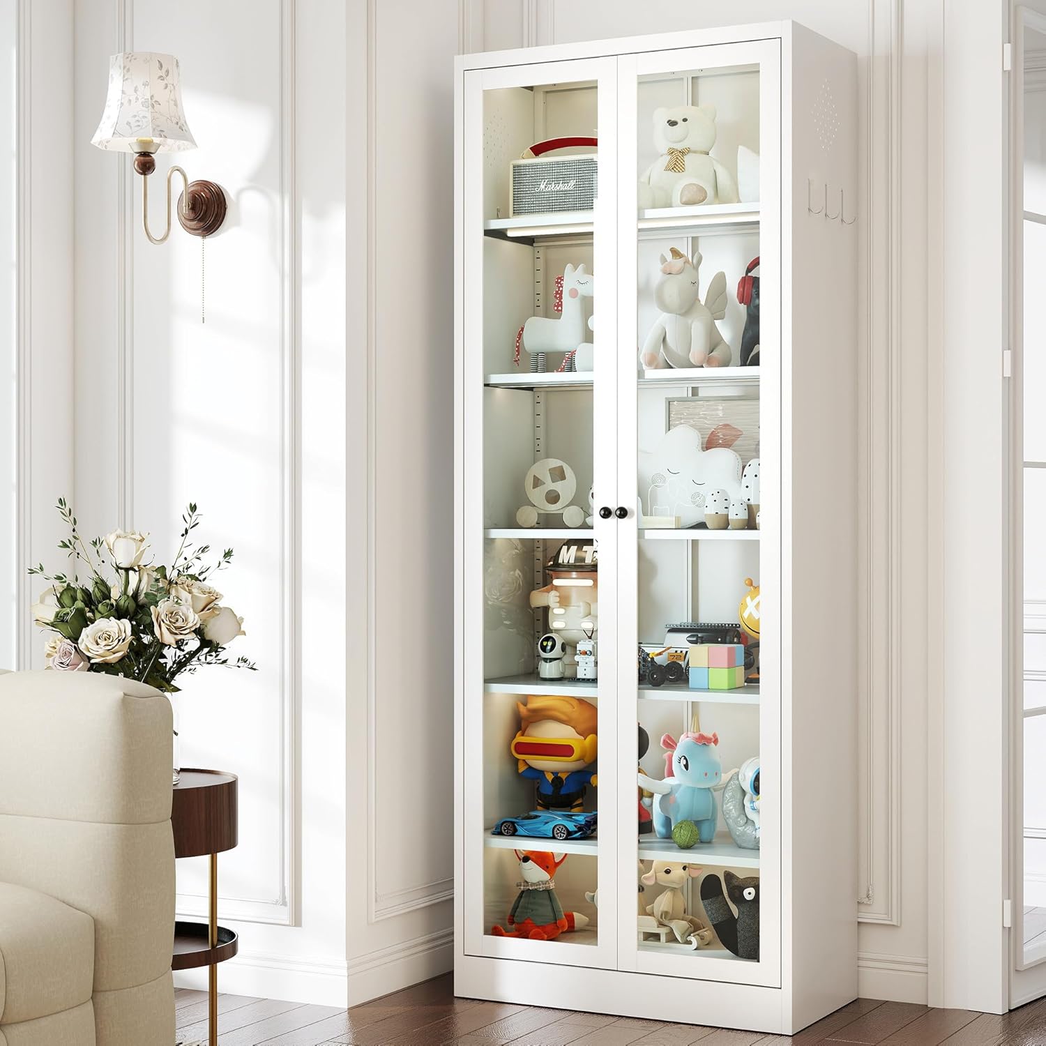 Display Cabinet, 72"H Storage Cabinet with Glass Doors and 5-Tier Adjustable Shelves, Metal Curio Cabinets, Freestanding Cupboard, Glass Display Case for Living Rooms, Assemble Required, White
