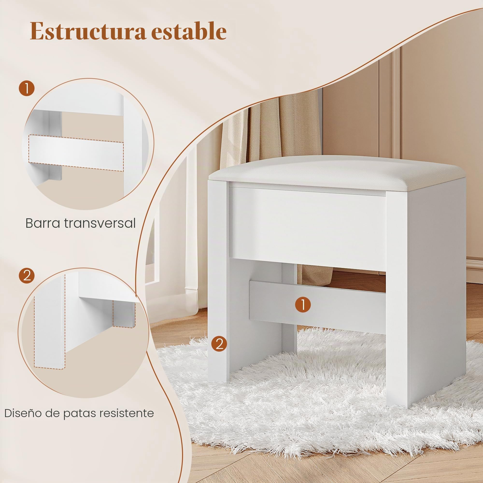 HEXCELEN Taburete de Tocador Tapizado con Almohadilla Antideslizante Blanco 30 x 40 x 44 cm