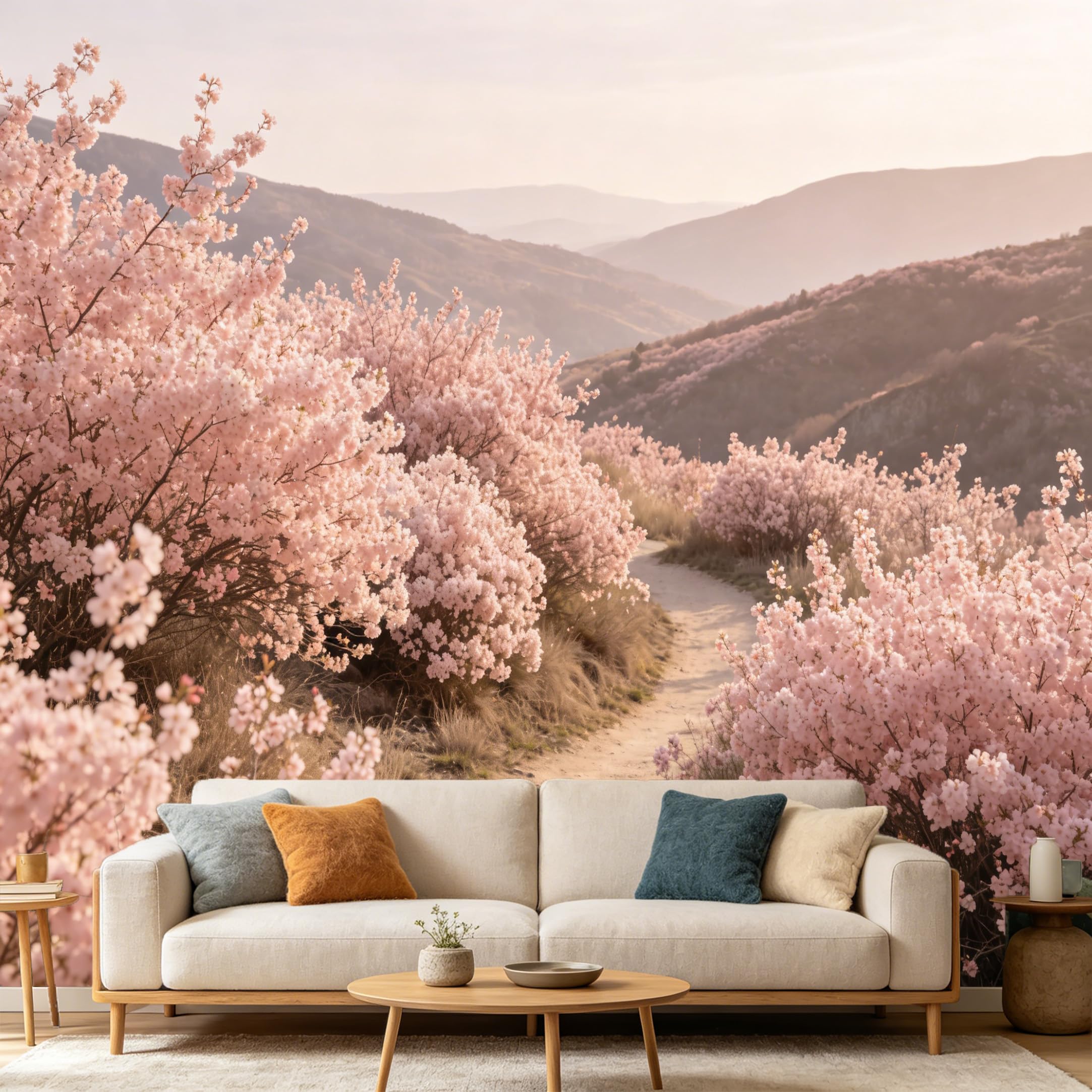 Custom Size Wall Mural Botanical Pink Cherry Blossom Path Landscape Mountain View SelfAdhesive Art Prints wall Fabric（No PVC） Removable Wallpaper Home Bedroom Decor