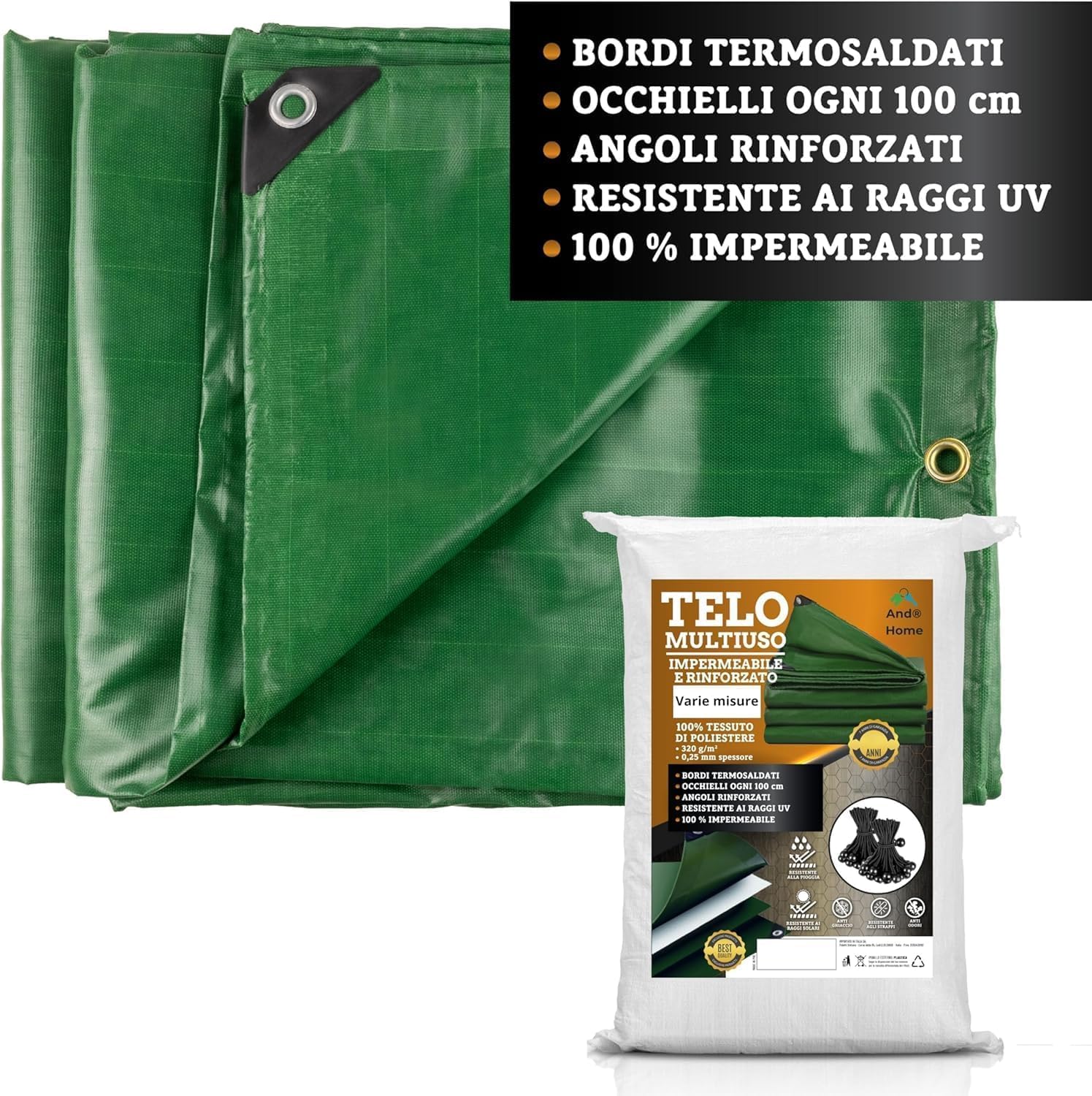 Telo/Telone Impermeabile Esterno - 6x10 METRI - ANTISTRAPPO - DURABILITA' 5 ANNI, Telo Copritutto Senza Elastici Inclusi, Telone Occhiellato Rinforzato, Verde, 130gr/mq