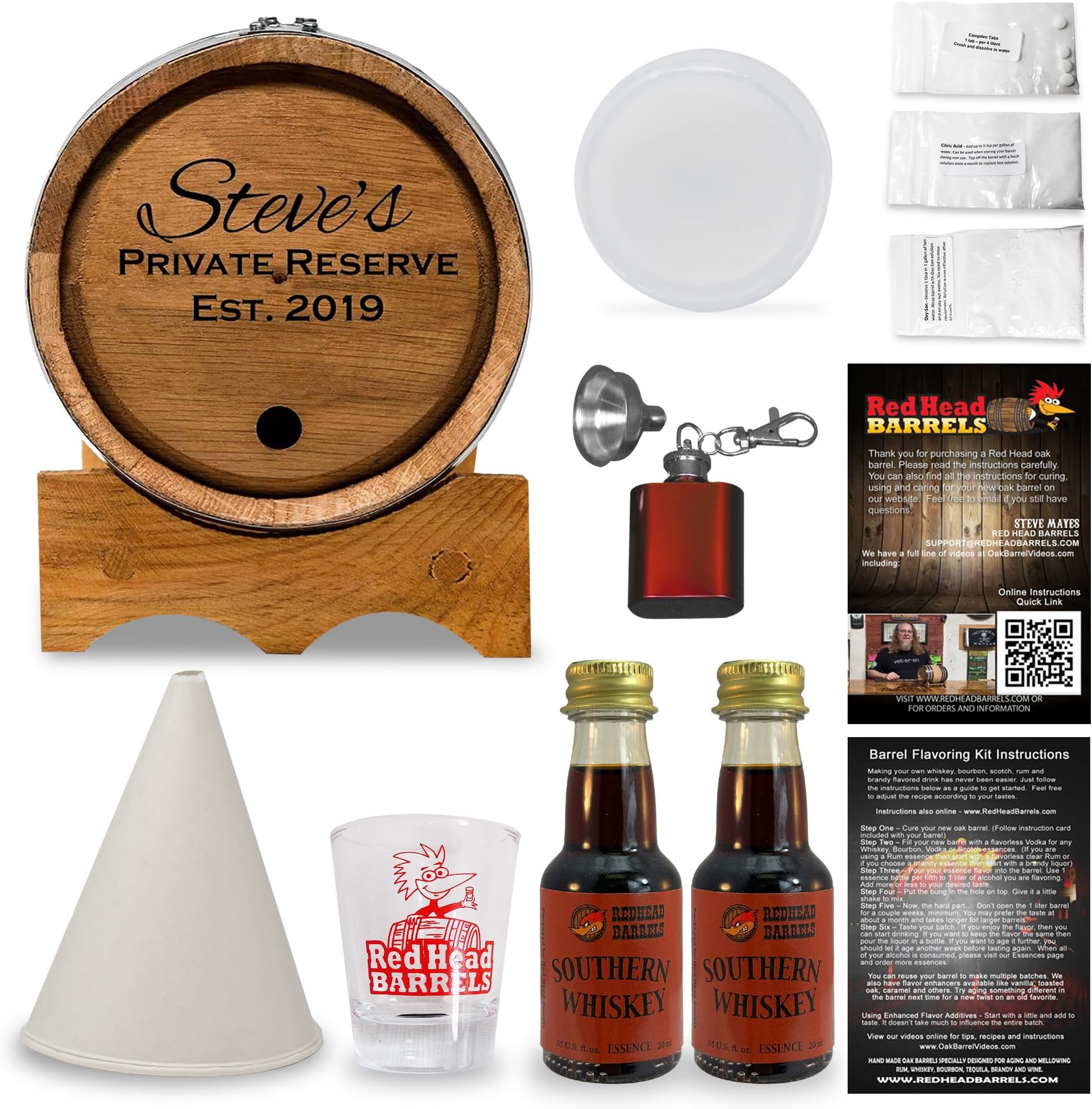2 Liter Custom Engraved American White Oak Aging Barrel with Flavoring Gift Set, Free Shot Glass, Premium White Oak Wood Barrel & Homebrew Kit (Southern Whiskey)