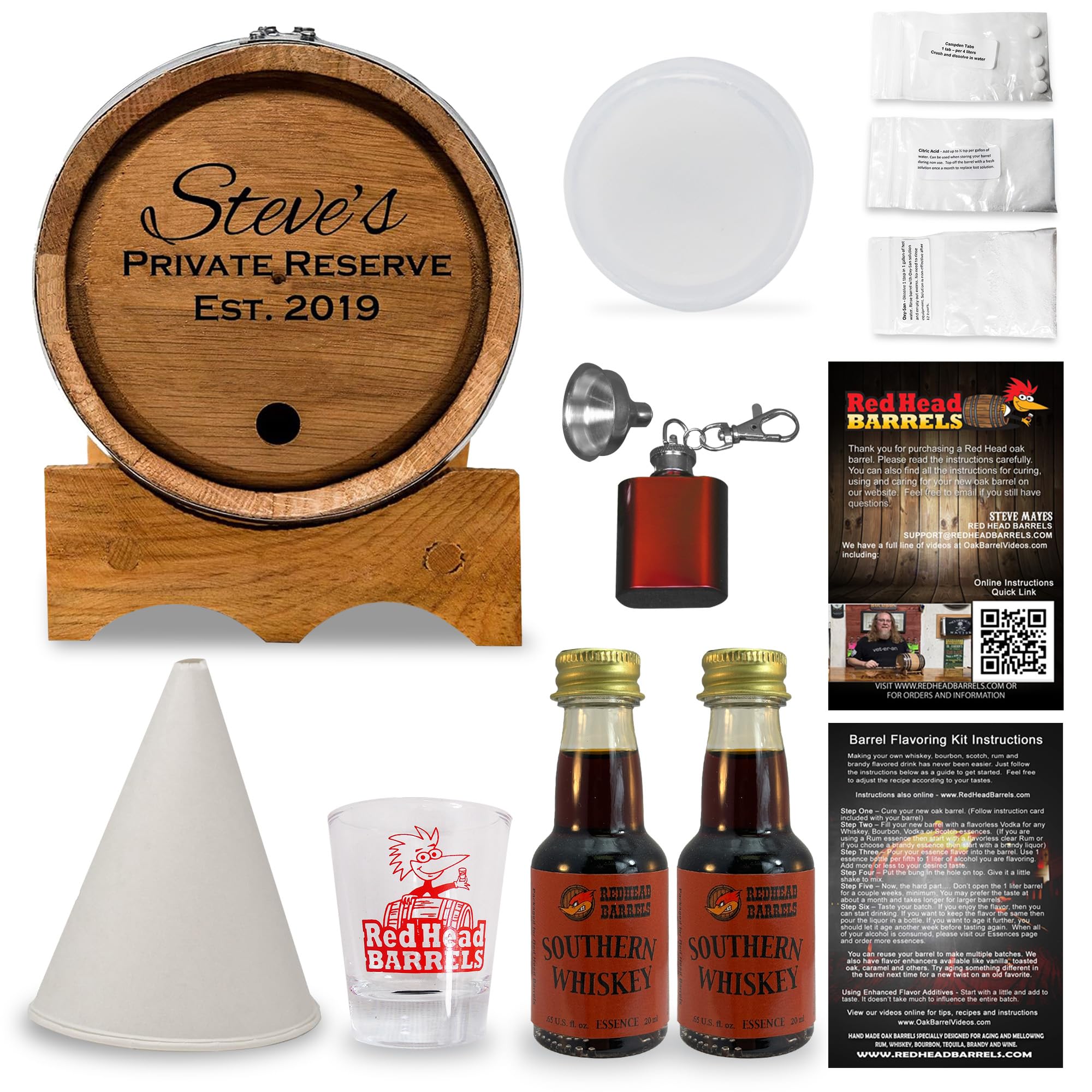 2 Liter Custom Engraved American White Oak Aging Barrel with Flavoring Gift Set, Free Shot Glass, Premium White Oak Wood Barrel & Homebrew Kit (Southern Whiskey)