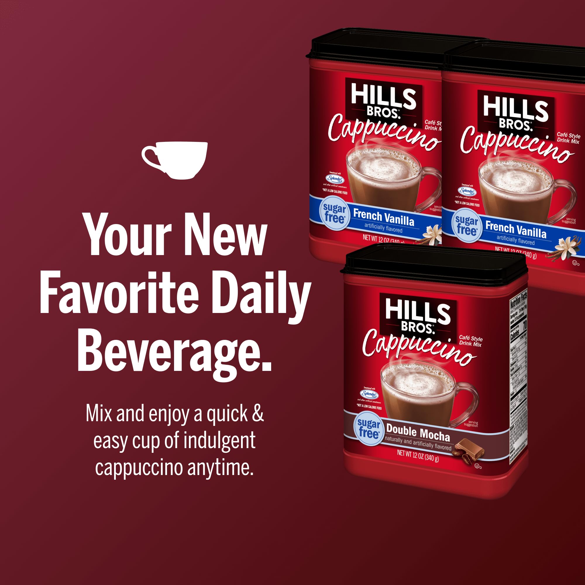 Hills Bros. Instant Cappuccino-Mischung, zuckerfreie französische Vanille und Doppel-Mokka-Variety Pack (340 ml, 3 Stück) – praktisch und vielseitig, sofort heißer oder Eiskaffee, schaumiger und