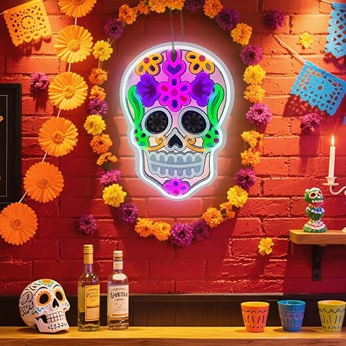 Miniatura 2 de Letrero de neón del Día de los Muertos, decoración de Halloween, letrero LED de calavera para decoración de pared, letrero de neón de fiesta para