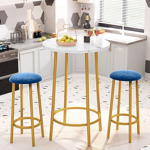 Miniatura 1 de AWQM 3 Piece Bar Table Set Round Pub Dining Set with Golden Metal Frame Velvet Bar Stools Ideal for Breakfast Nook Kitchen Small Spaces