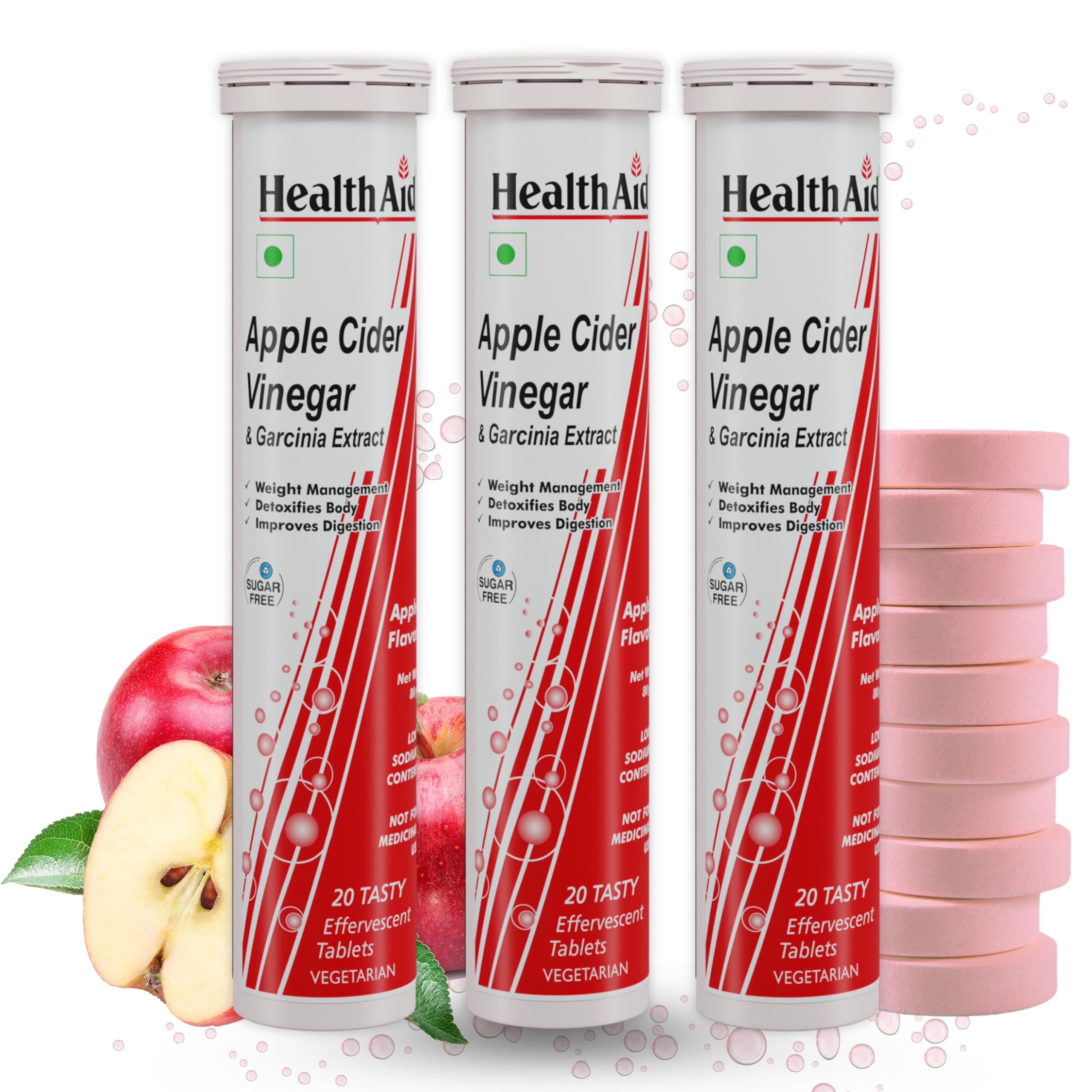 HealthAid Apple Cider Vinegar with Garcinia Cambogia Extract | 20 Sugar-Free Effervescent Tablets | Supports Weight Management, Digestion & Gut Health | Vitamins B6 & B12 | Pack of 3