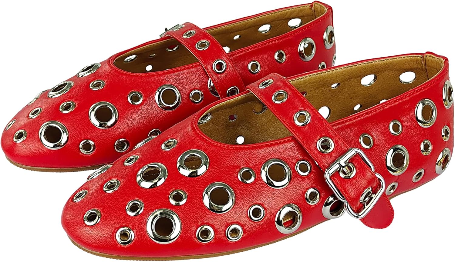 Fashion Buckle Ballet Flats Women's Delicate Metal Buckle with Rivet Holes Mary Jane Comfort Flats