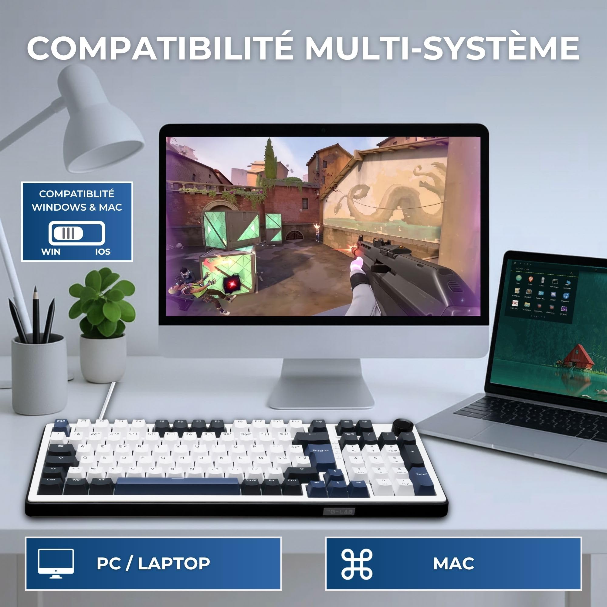 The G-Lab - KEYZ Elite 400 HE BW - Magnetyczna Klawiatura Gamingowa Hall Effect 96% AZERTY FR, Przewodowa USB, 8000 Hz Rapid Trigger, Regulowana Aktywacja 0,01 mm, PBT Hot-Swap, RGB i Makra - Win/Mac
