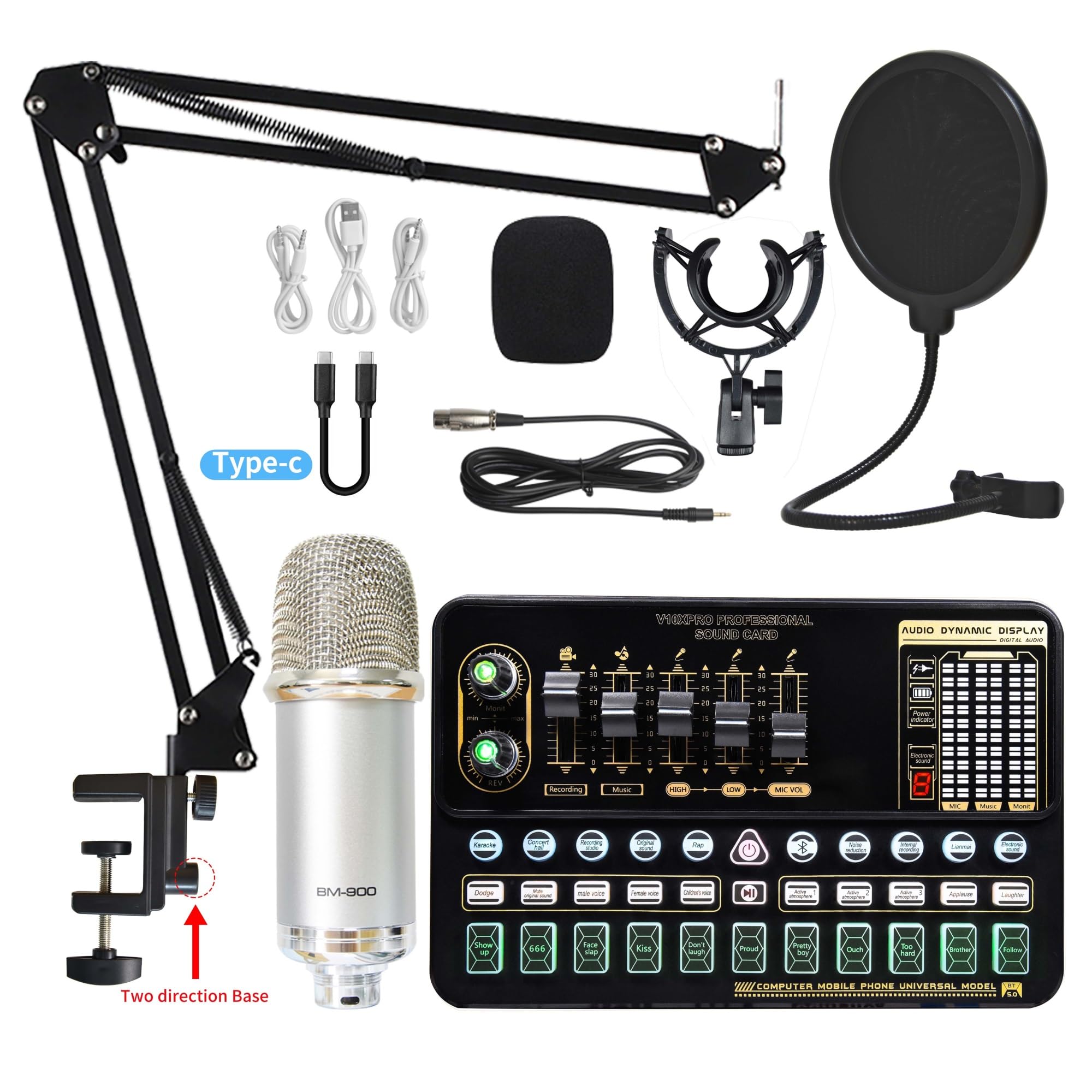 Soundkarten-Kit, Kondensatormikrofon-Paket, Soundkarten-Kit mit Verstellbarer Mikrofonaufhängung, Scherenarm, professionelles kabelloses Studio-Karaoke-Mikrofon-Studio-Se，V10XPRO Sound Card 1