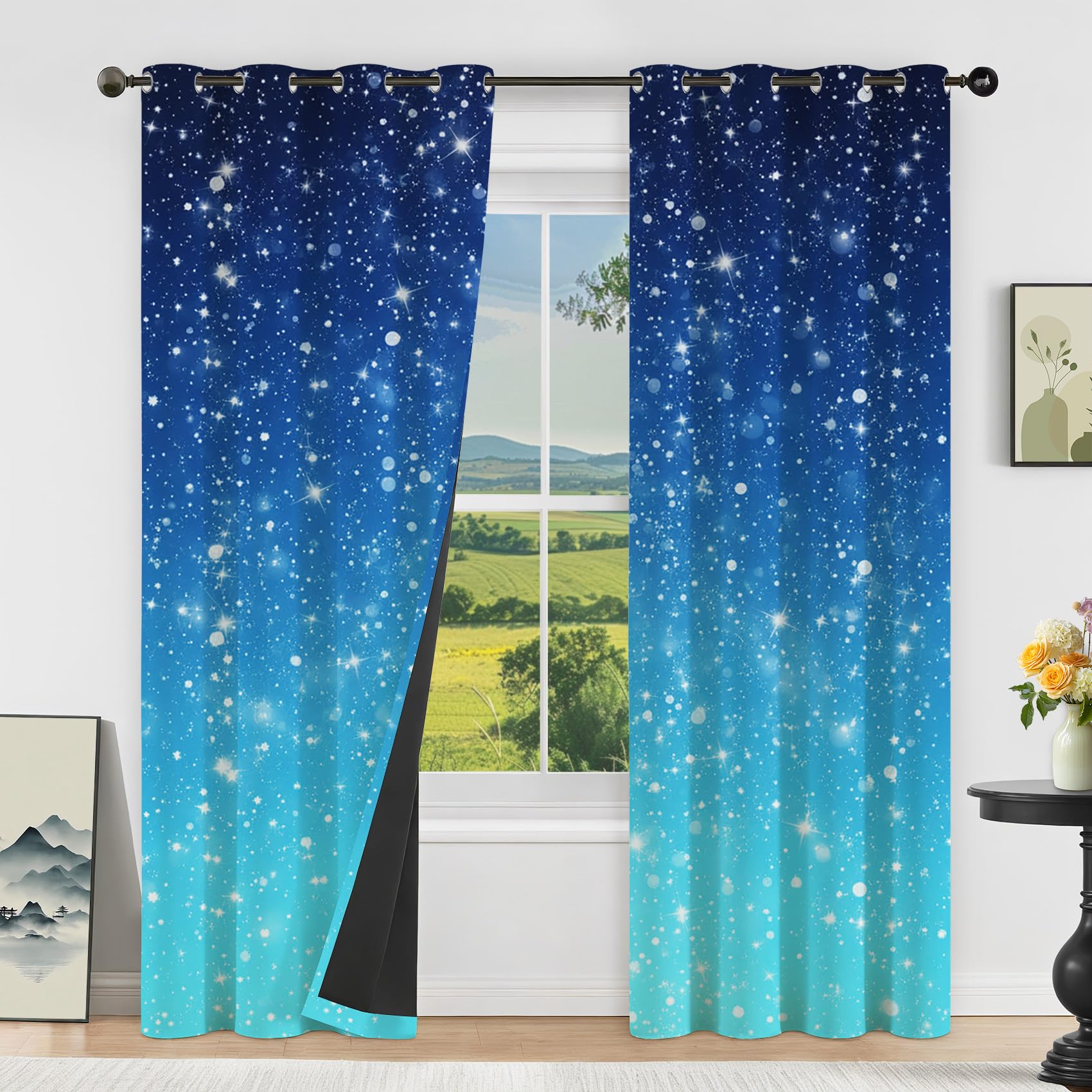 Glitzer Sternenhimmel Vorhänge Blickdicht mit ösen Blau Gardinen Galaxy Muster Gardinen Wohnzimmer Verdunklungsvorhänge für Schlafzimmer Fenster Vorhang 200 cm Lang 2er Set