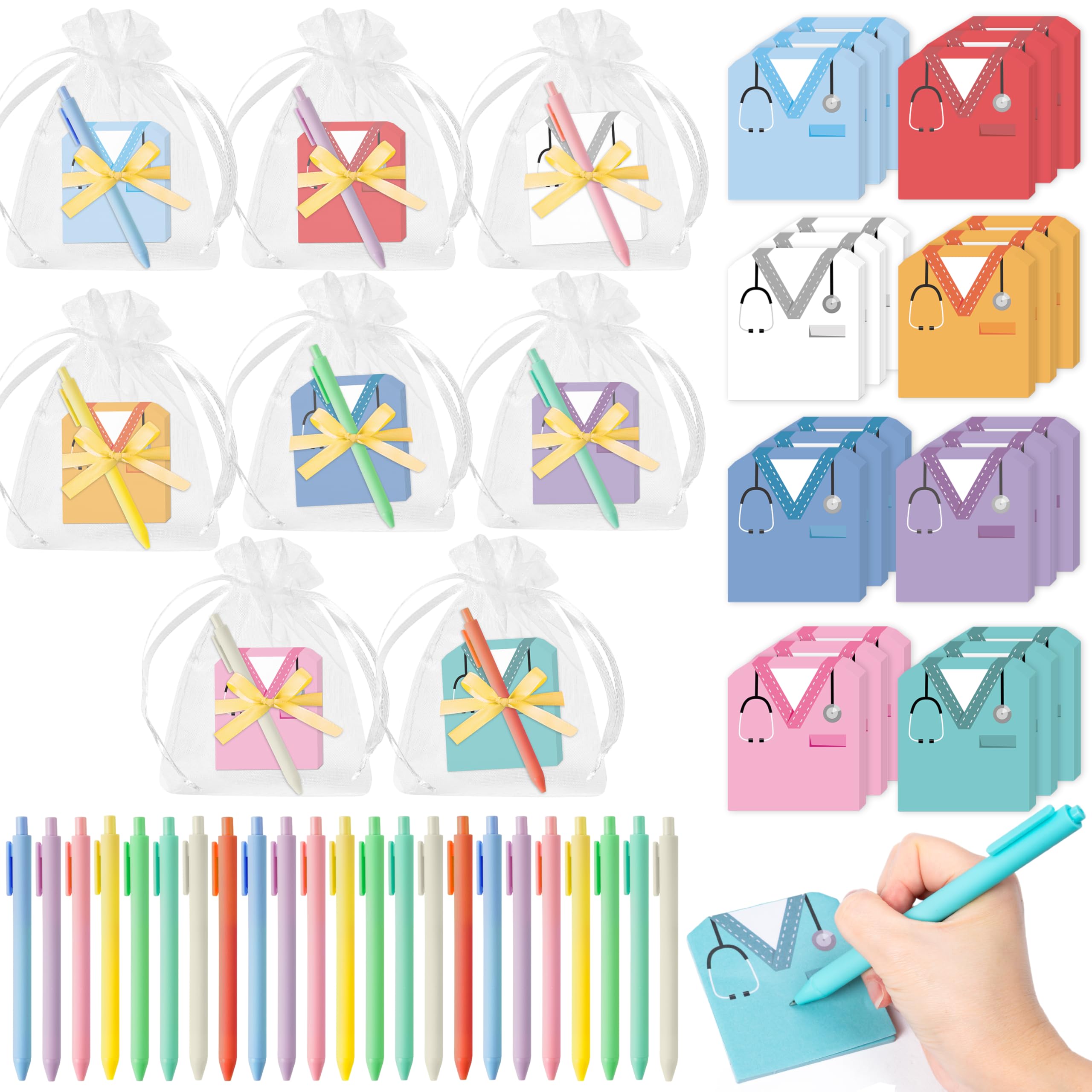 A1DIEE Nurse Sticky Notes with Pen 97Pcs - Nurse Appreciation Gifts, Nurse Uniform Sticky Notes Sets with Pens Ribbons Bags for Nurse Week, Thank You Presents for Nurses School Office Party Favours