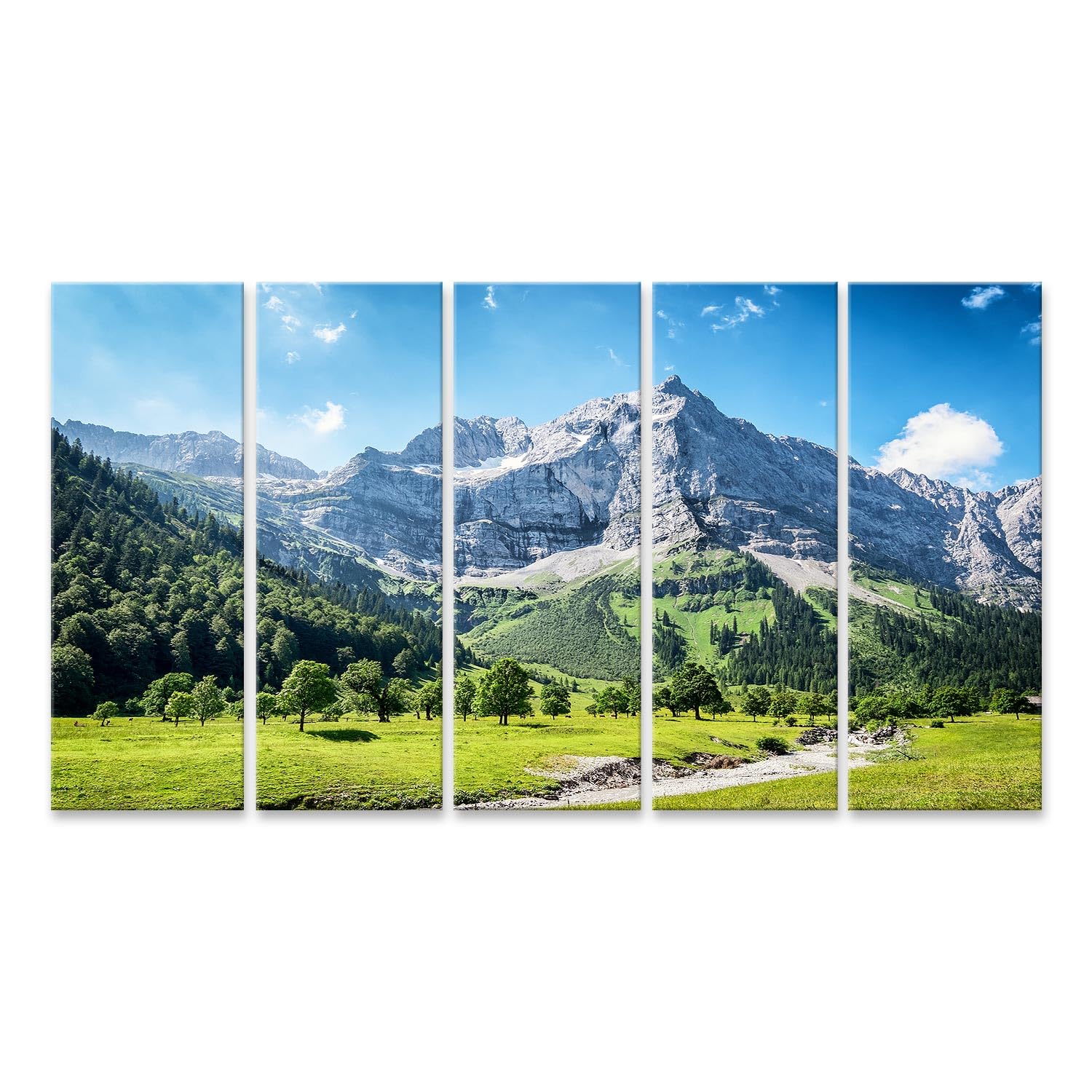 islandburner Bild auf Leinwand Alpenlandschaft mit grünen Wiesen und imposantem Bergpanorama Bilder Wandbilder 160x80cm