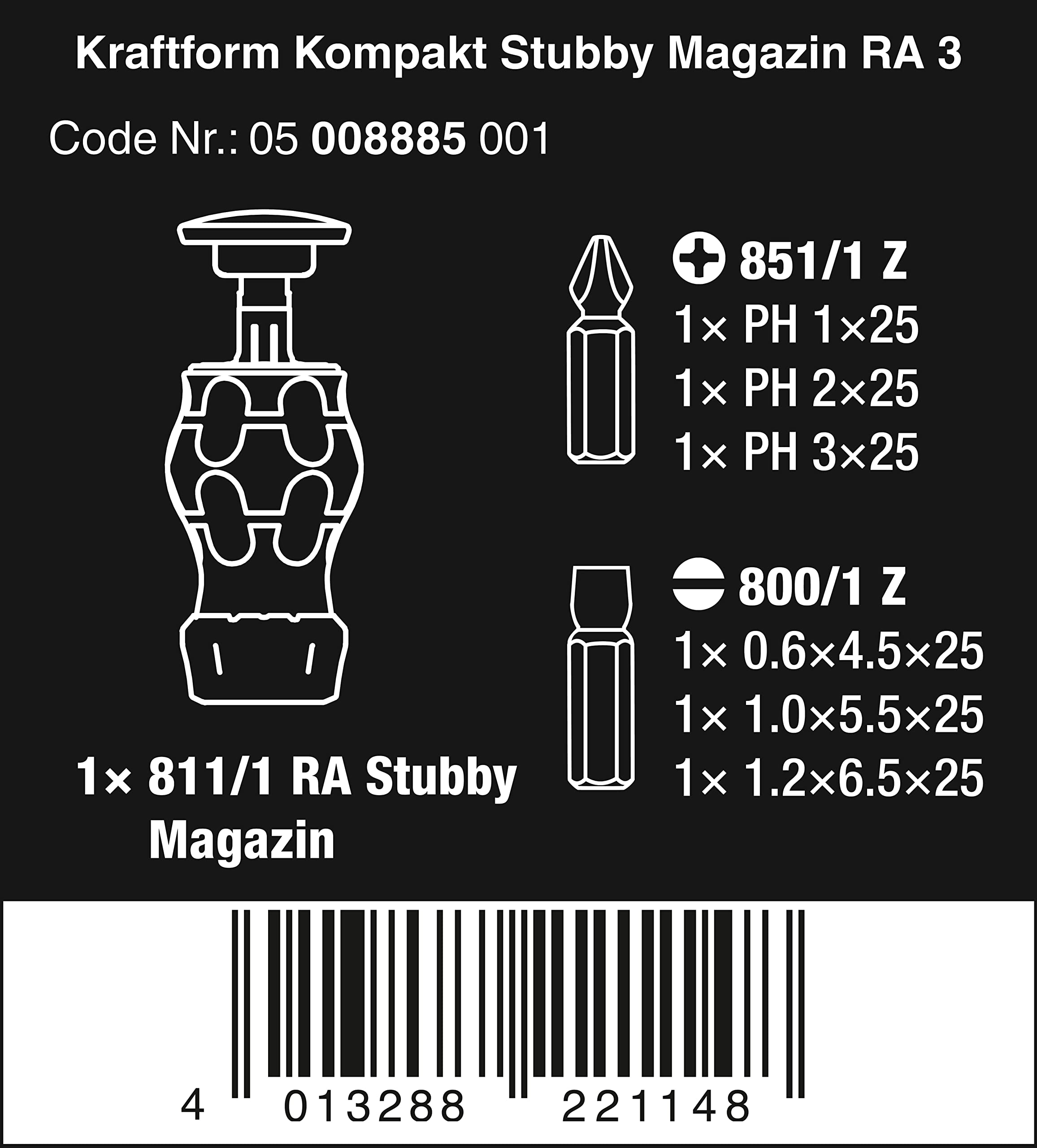 Wera 05008885001 Kraftform Kompakt Stubby Recámara RA 3, Destornillador de carraca con cargador de puntas, 6 piezas