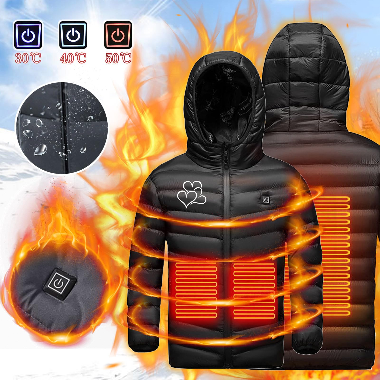 2024 Manteau Doudoune Chauffant Enfants Veste Chauffant Electrique Garçons Filles USB avec 3 Zones de Chauffage Manches Longues Veste Chauffante Doudoune imprimé Vêtements Chauffants Lavable