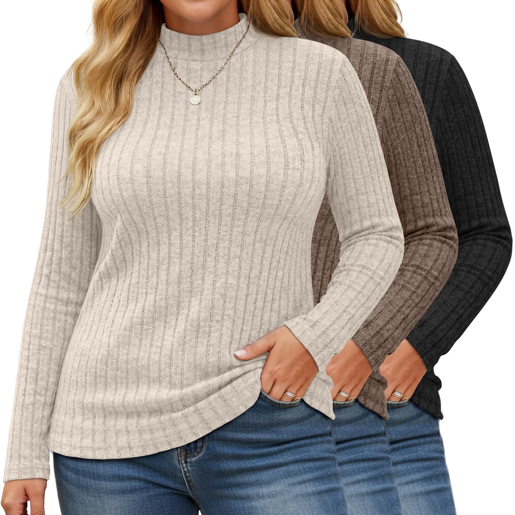 3 Pack Womens Plus Size Sweaters Long Sleeve Mock Neck Lightweight Tunic Sweaters Casual Tops 2025 Trendy