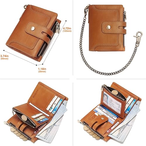 Miniatura 4 de Cartera con cadena, monedero de cuero genuino con bloqueo RFID, doble cremallera, bolsillo para monedas con cadena antirrobo, carteras de cadena a
