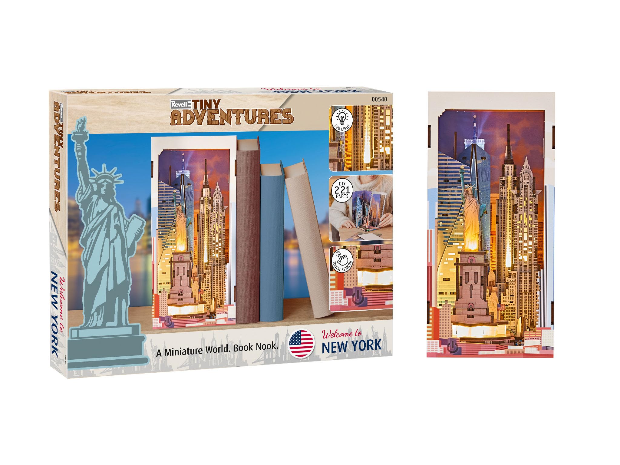 Revell Tiny Adventures New York | Book Nook Holzbausatz Diorama mit LED Beleuchtung | 23 cm Bücherregal Deko | lasergeschnittenes Stecksystem für Erwachsene ab 14 Jahren