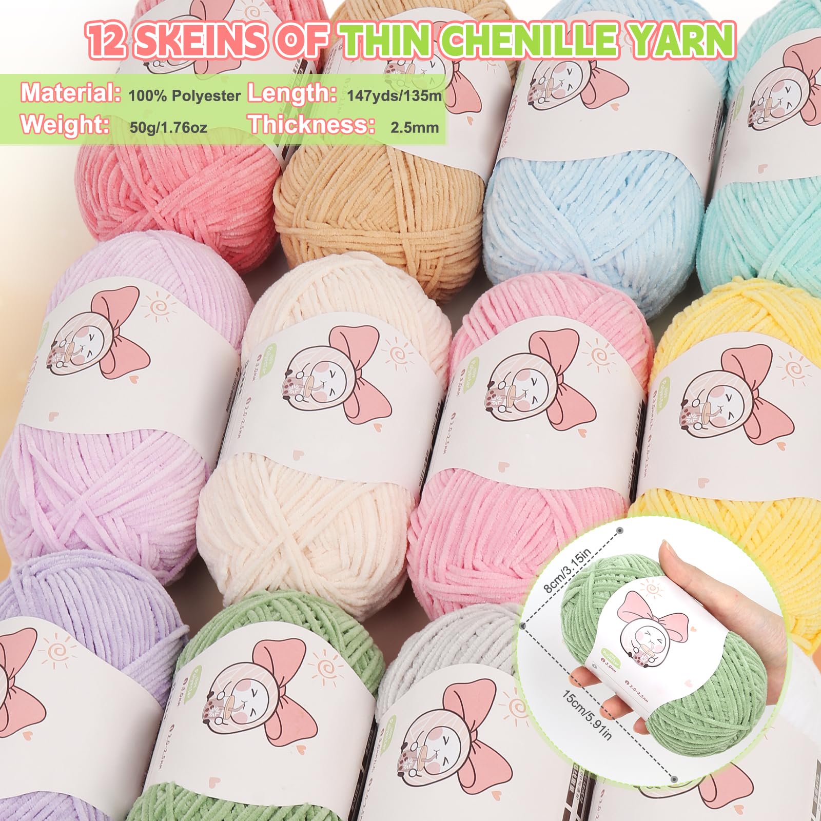 Aeelike Feines Chenille Garn zum Häkeln, 12×50g Chenille Yarn Set, Mützen