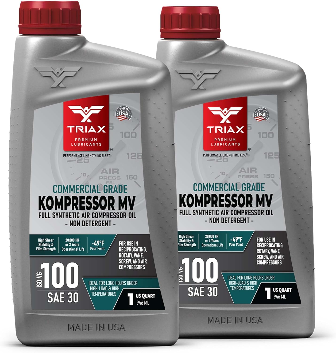 TRIAX Kompressor ISO 100 SAE 30, Full Synthetic, Multi-Vis Air Compressor Oil | for Rotary, Vane, Screw, and Reciprocal | Commercial Grade | High Temp | Non-Detergent (1 Quart - 2 Pack)