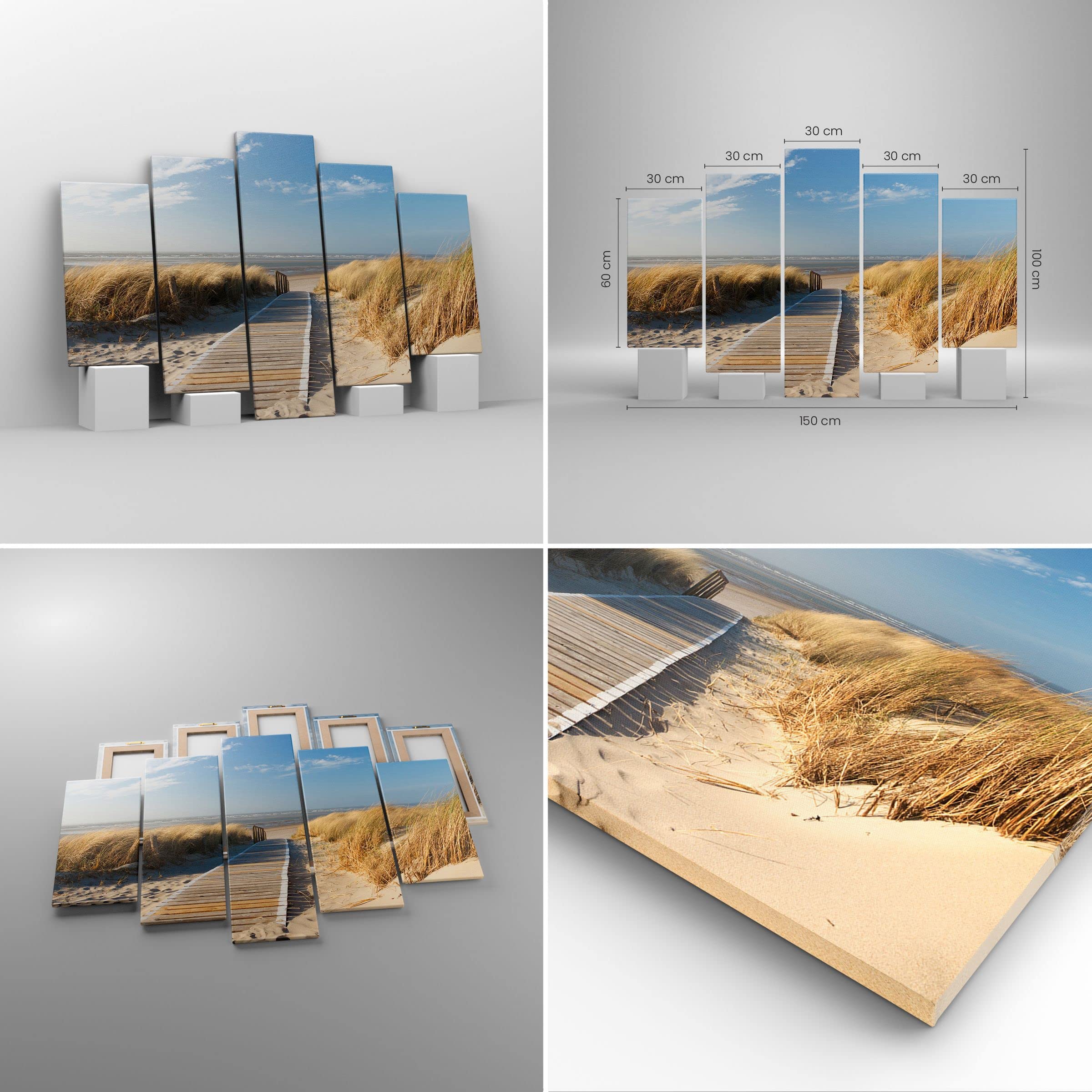 Bilder auf Leinwand 150x100cm Leinwandbild Strand Meer Fußgängerbrücke Ufer Groß XXL Wanddeko Bild Schlafzimmer Set 5 teilige Wandbilder Dekoration Wohnzimmer Canvas Wand Kunstdruck Art EA150x100-2657