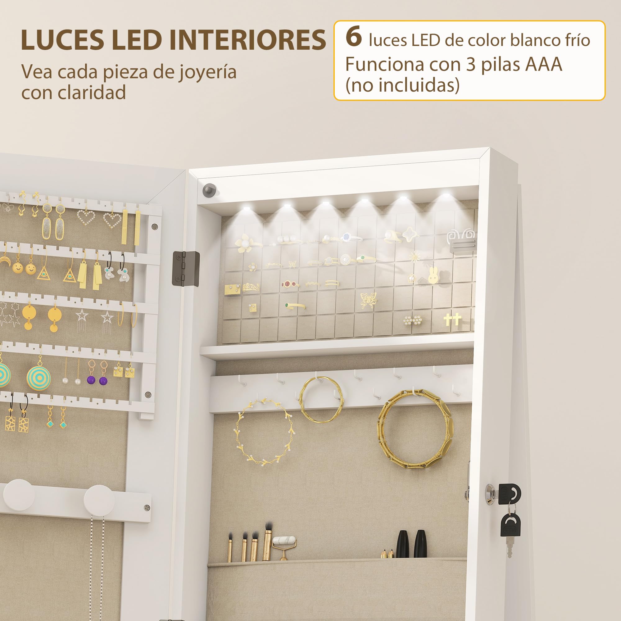 HOMCOM Espejo Joyero con Luces LED Interior, Armario para Joyas con Ruedas, Armario Joyero con Espejo Entero, Giratorio de 360°, Estantes Abiertos, Cajones de Tela, Blanco y Forro Crema