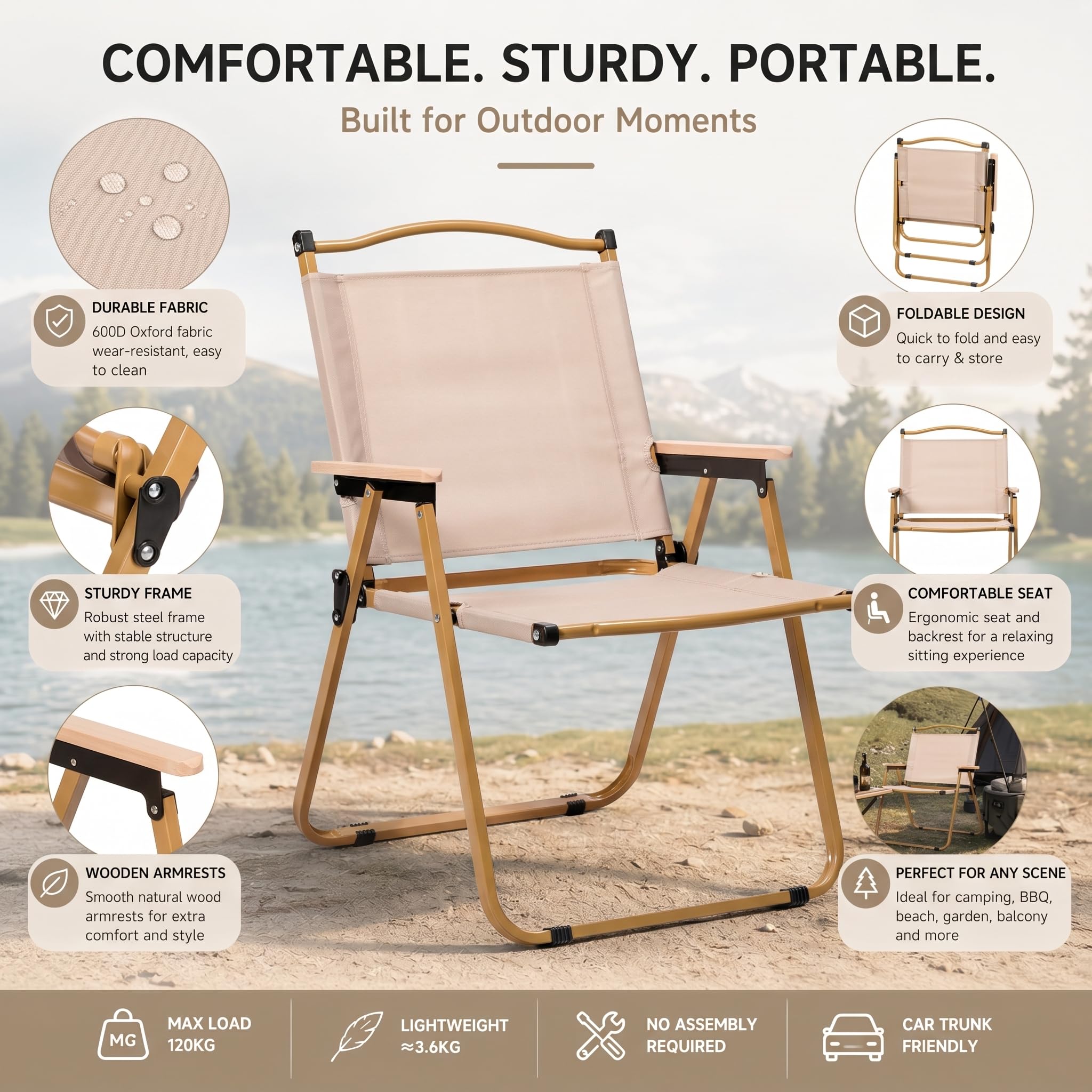 EGGREE Lot de 2 Chaises de Camping, Capacité de Charge de 120 kg, Accoudoirs en Bois et Tissu Oxford 600D, Chaises Pliantes Portables pour Camping, Plage, Terrasse, Pêche (Kaki)
