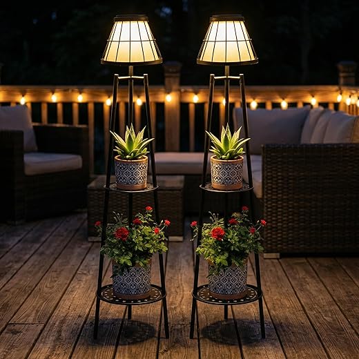 2 Pack Solar Floor Lamps Outdoor with 2-Tier Plant Stand, Metal Tall Planter Holder with Waterproof LED Lantern, Decorative Patio Light & Flower Pot Display Rack for Garden, Deck, Porch, Balcony