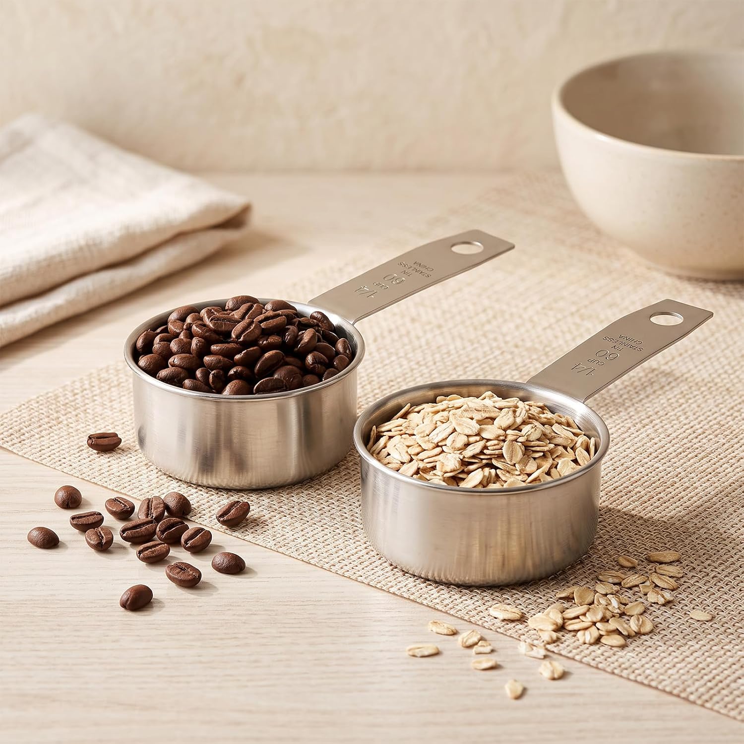 2 Pcs 1/4 Cup Stainless Steel Measuring Cups, 60ml/2oz, Metal Coffee Scoop, Cat Dog Food Scoops for Wet Dry Ingredients, Cooking Baking Feeding, Durable Dishwasher Safe