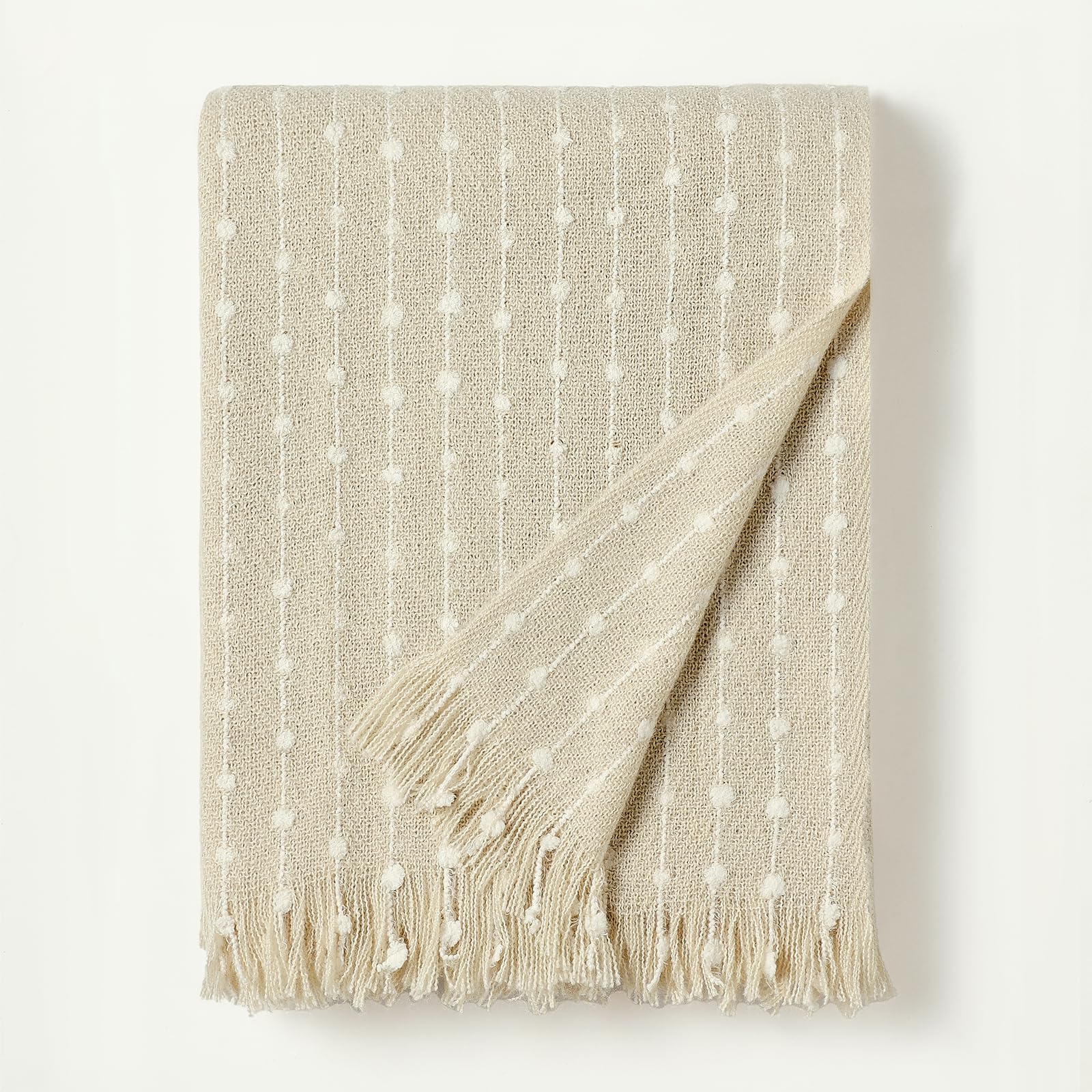 BOURINA Brushed Dot Knit Fringe Throw Blanket Beige 127x152cm — image 1